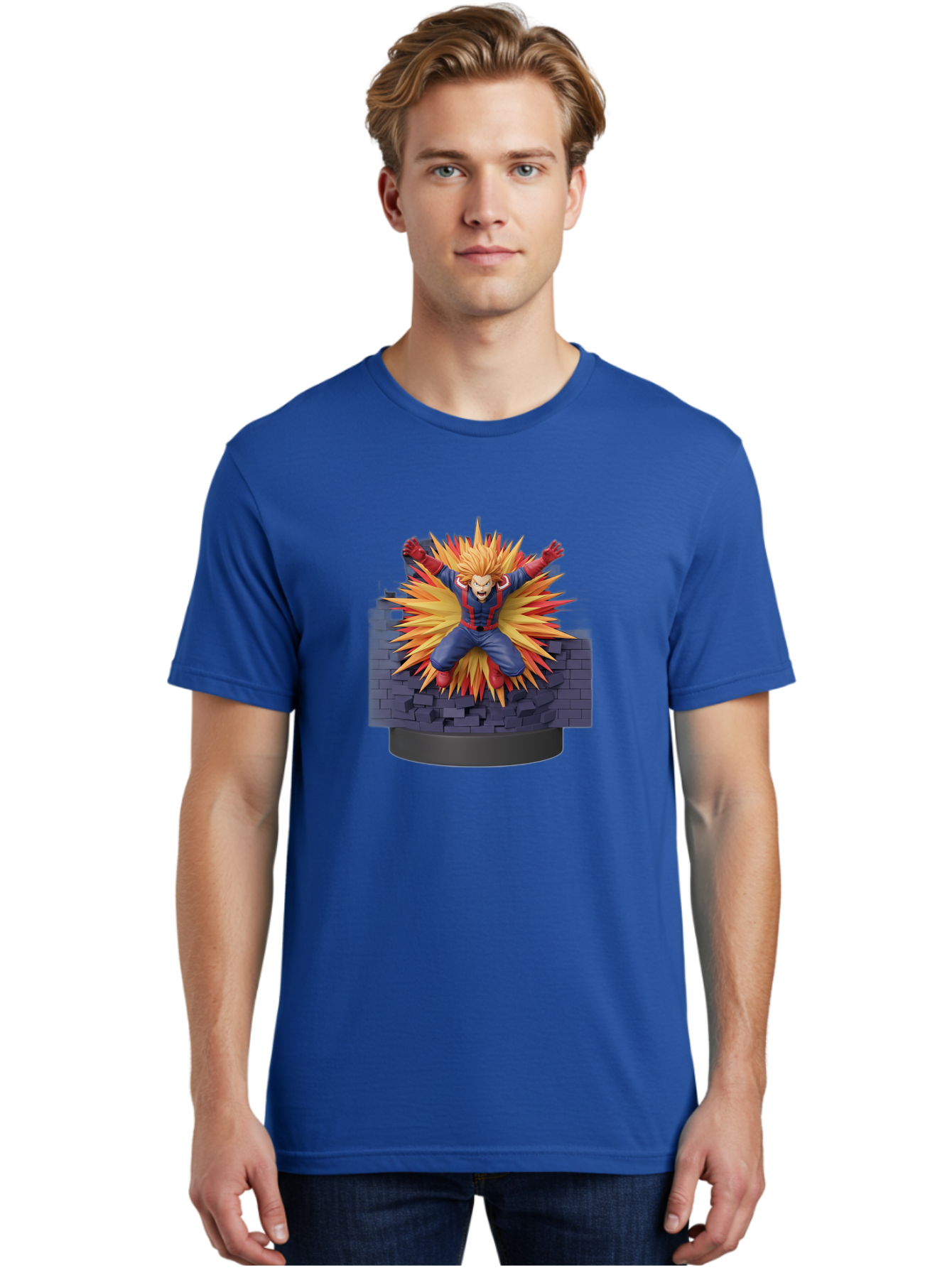 All-Might Men'S Graphic Tee, 100% Cotton, Comfortable Casual Summer Wear, Machine Washable, Anime Figurine, Action Figure, All Might, My Hero Academia, Intense Expression, Dynamic Pose, Blue And Red Costume, Dramatic Explosion, 3D Model, Bab643