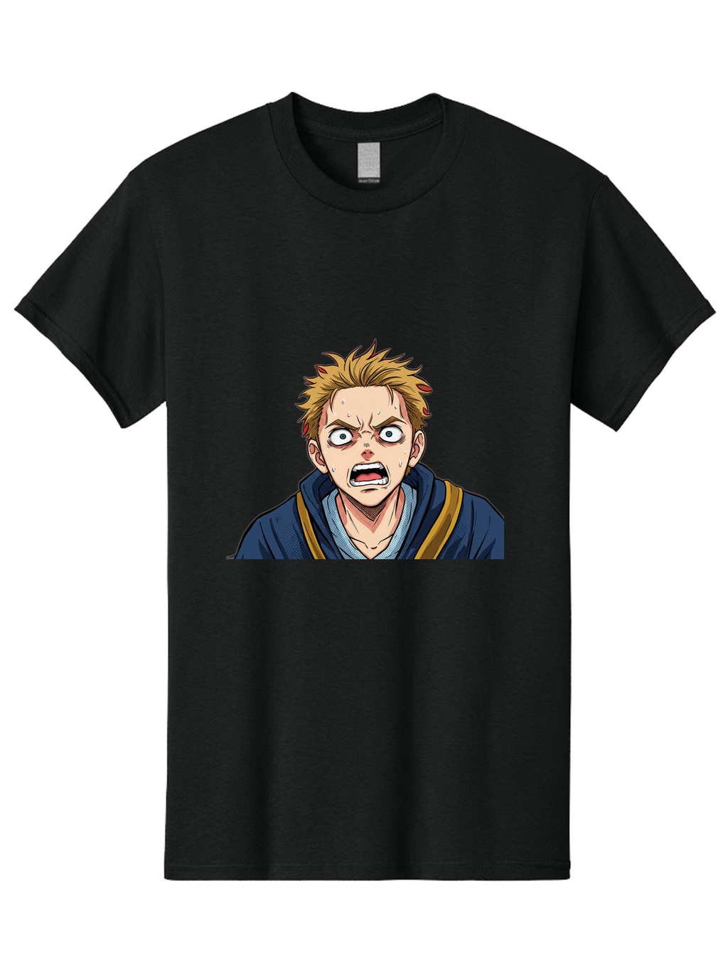 Angry-Anime-Boy Men'S Graphic Tee, 100% Cotton, Comfortable Casual Summer Wear, Machine Washable, Cartoon Character, Young Man, Blond Hair, Blue Hoodie, Shocked Expression, Wide-Eyed, Open-Mouthed, Intense Emotion, Dynamic Pose, Bab644