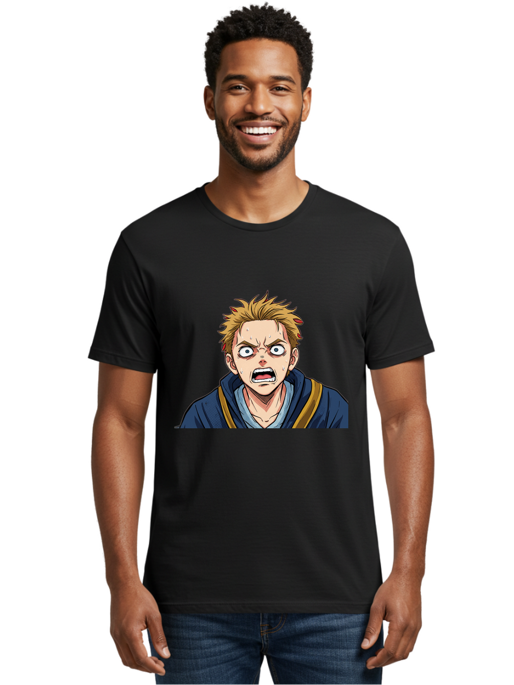 Angry-Anime-Boy Men'S Graphic Tee, 100% Cotton, Comfortable Casual Summer Wear, Machine Washable, Cartoon Character, Young Man, Blond Hair, Blue Hoodie, Shocked Expression, Wide-Eyed, Open-Mouthed, Intense Emotion, Dynamic Pose, Bab644