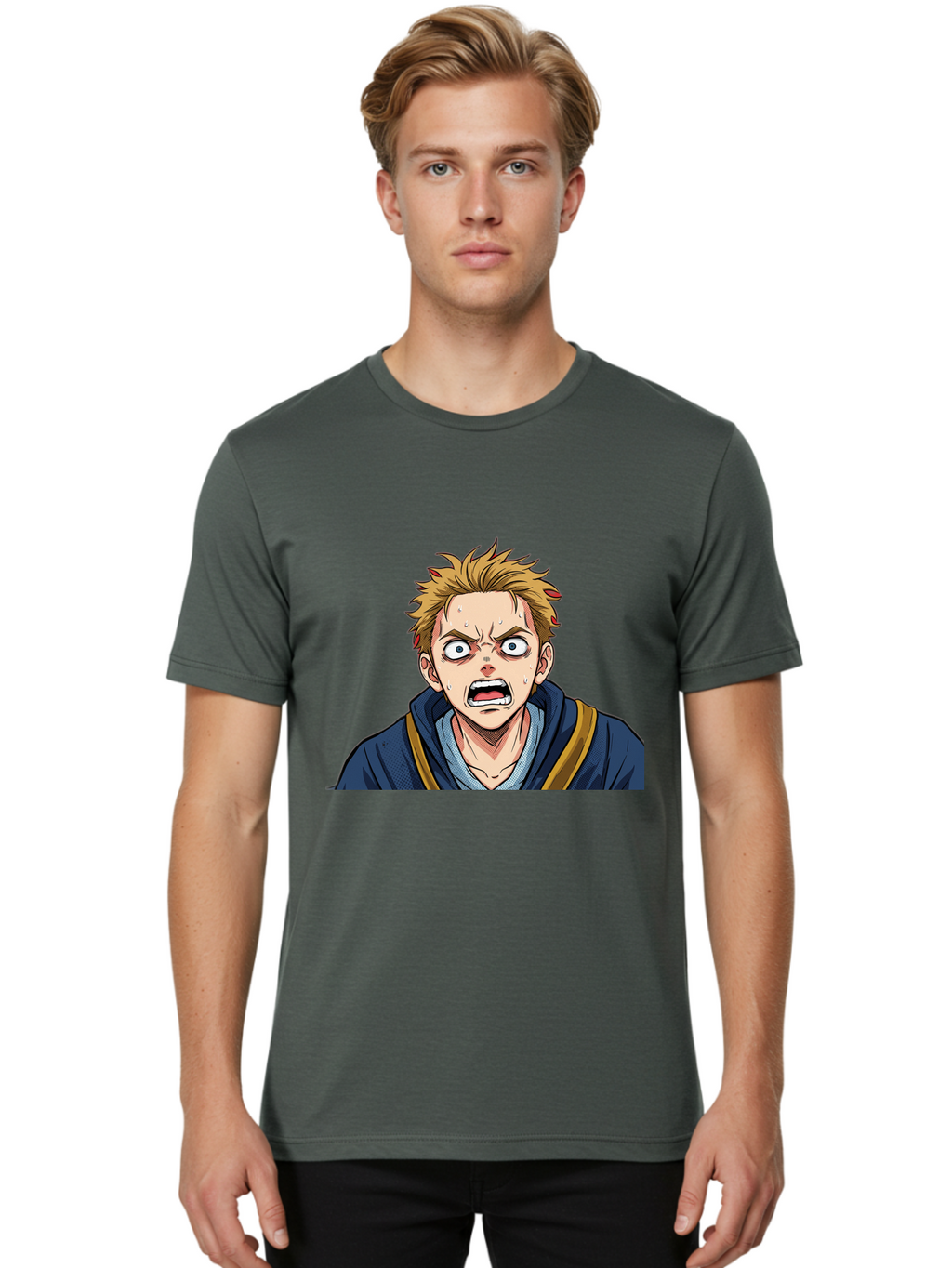 Angry-Anime-Boy Men'S Graphic Tee, 100% Cotton, Comfortable Casual Summer Wear, Machine Washable, Cartoon Character, Young Man, Blond Hair, Blue Hoodie, Shocked Expression, Wide-Eyed, Open-Mouthed, Intense Emotion, Dynamic Pose, Bab644