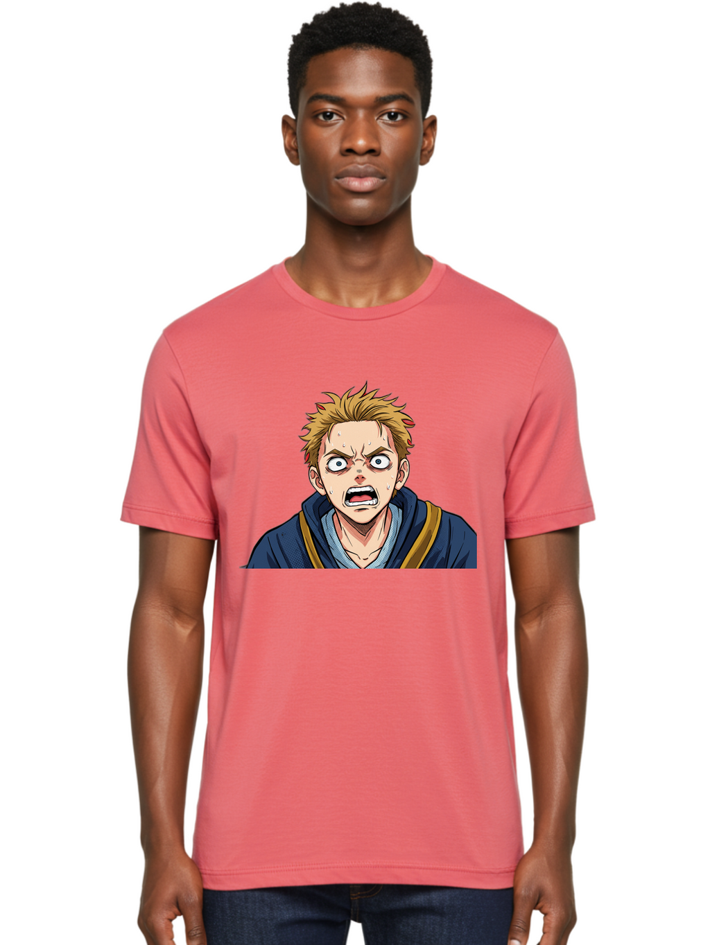 Angry-Anime-Boy Men'S Graphic Tee, 100% Cotton, Comfortable Casual Summer Wear, Machine Washable, Cartoon Character, Young Man, Blond Hair, Blue Hoodie, Shocked Expression, Wide-Eyed, Open-Mouthed, Intense Emotion, Dynamic Pose, Bab644
