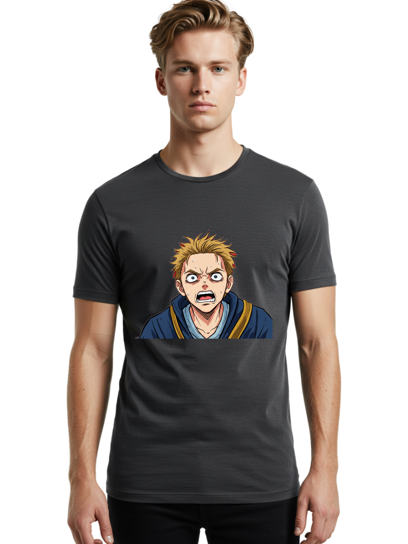 Angry-Anime-Boy Men'S Graphic Tee, 100% Cotton, Comfortable Casual Summer Wear, Machine Washable, Cartoon Character, Young Man, Blond Hair, Blue Hoodie, Shocked Expression, Wide-Eyed, Open-Mouthed, Intense Emotion, Dynamic Pose, Bab644