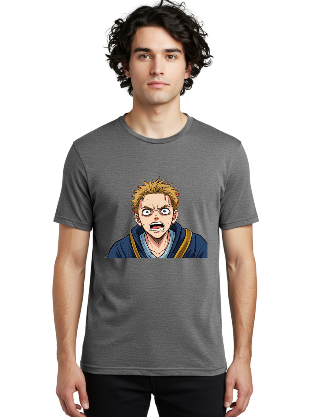 Angry-Anime-Boy Men'S Graphic Tee, 100% Cotton, Comfortable Casual Summer Wear, Machine Washable, Cartoon Character, Young Man, Blond Hair, Blue Hoodie, Shocked Expression, Wide-Eyed, Open-Mouthed, Intense Emotion, Dynamic Pose, Bab644