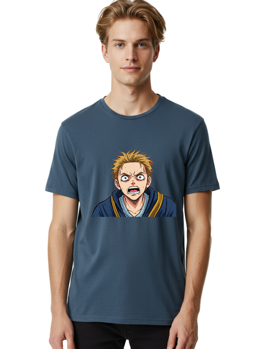 Angry-Anime-Boy Men'S Graphic Tee, 100% Cotton, Comfortable Casual Summer Wear, Machine Washable, Cartoon Character, Young Man, Blond Hair, Blue Hoodie, Shocked Expression, Wide-Eyed, Open-Mouthed, Intense Emotion, Dynamic Pose, Bab644