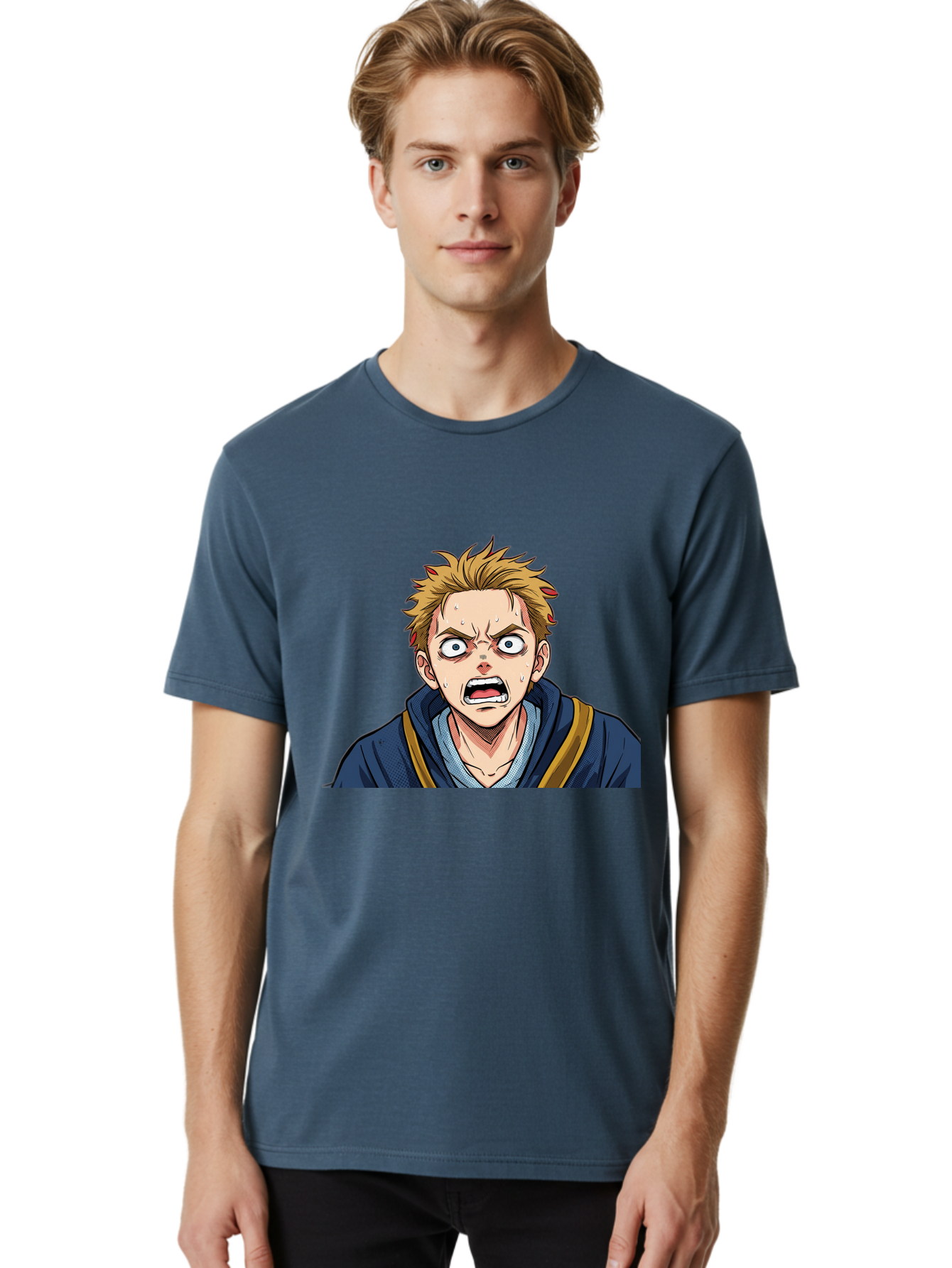 Angry-Anime-Boy Men'S Graphic Tee, 100% Cotton, Comfortable Casual Summer Wear, Machine Washable, Cartoon Character, Young Man, Blond Hair, Blue Hoodie, Shocked Expression, Wide-Eyed, Open-Mouthed, Intense Emotion, Dynamic Pose, Bab644