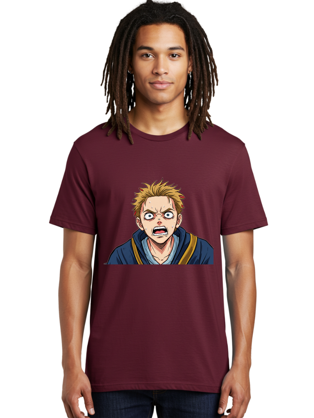 Angry-Anime-Boy Men'S Graphic Tee, 100% Cotton, Comfortable Casual Summer Wear, Machine Washable, Cartoon Character, Young Man, Blond Hair, Blue Hoodie, Shocked Expression, Wide-Eyed, Open-Mouthed, Intense Emotion, Dynamic Pose, Bab644