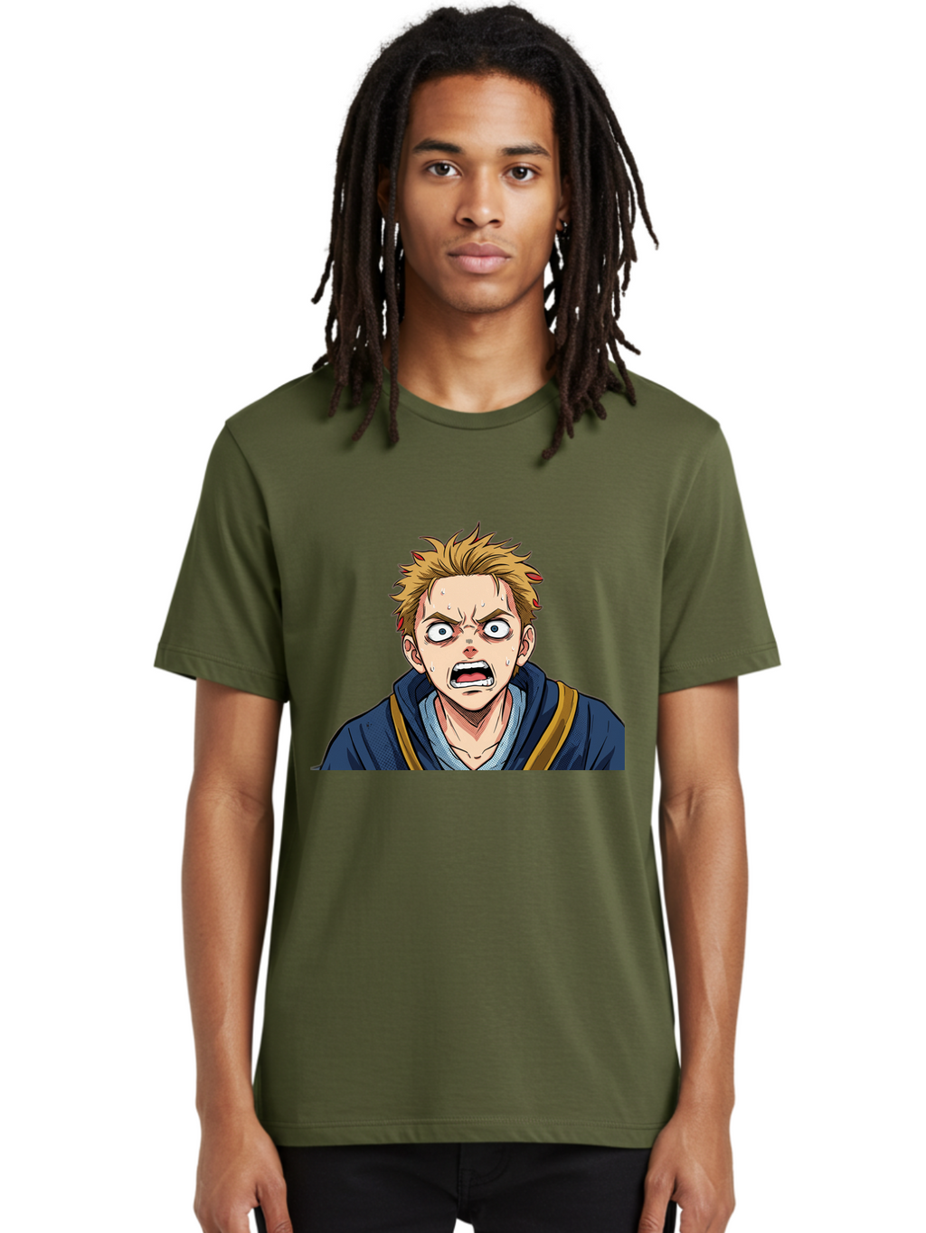 Angry-Anime-Boy Men'S Graphic Tee, 100% Cotton, Comfortable Casual Summer Wear, Machine Washable, Cartoon Character, Young Man, Blond Hair, Blue Hoodie, Shocked Expression, Wide-Eyed, Open-Mouthed, Intense Emotion, Dynamic Pose, Bab644
