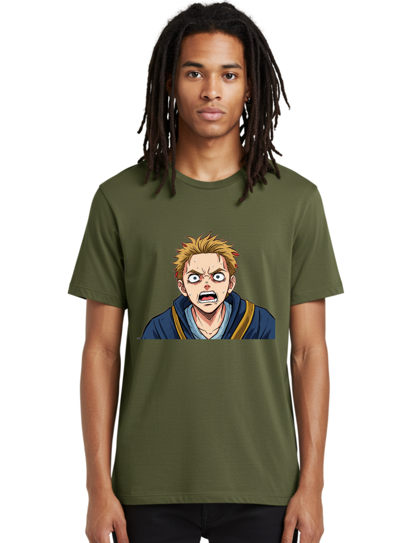 Angry-Anime-Boy Men'S Graphic Tee, 100% Cotton, Comfortable Casual Summer Wear, Machine Washable, Cartoon Character, Young Man, Blond Hair, Blue Hoodie, Shocked Expression, Wide-Eyed, Open-Mouthed, Intense Emotion, Dynamic Pose, Bab644