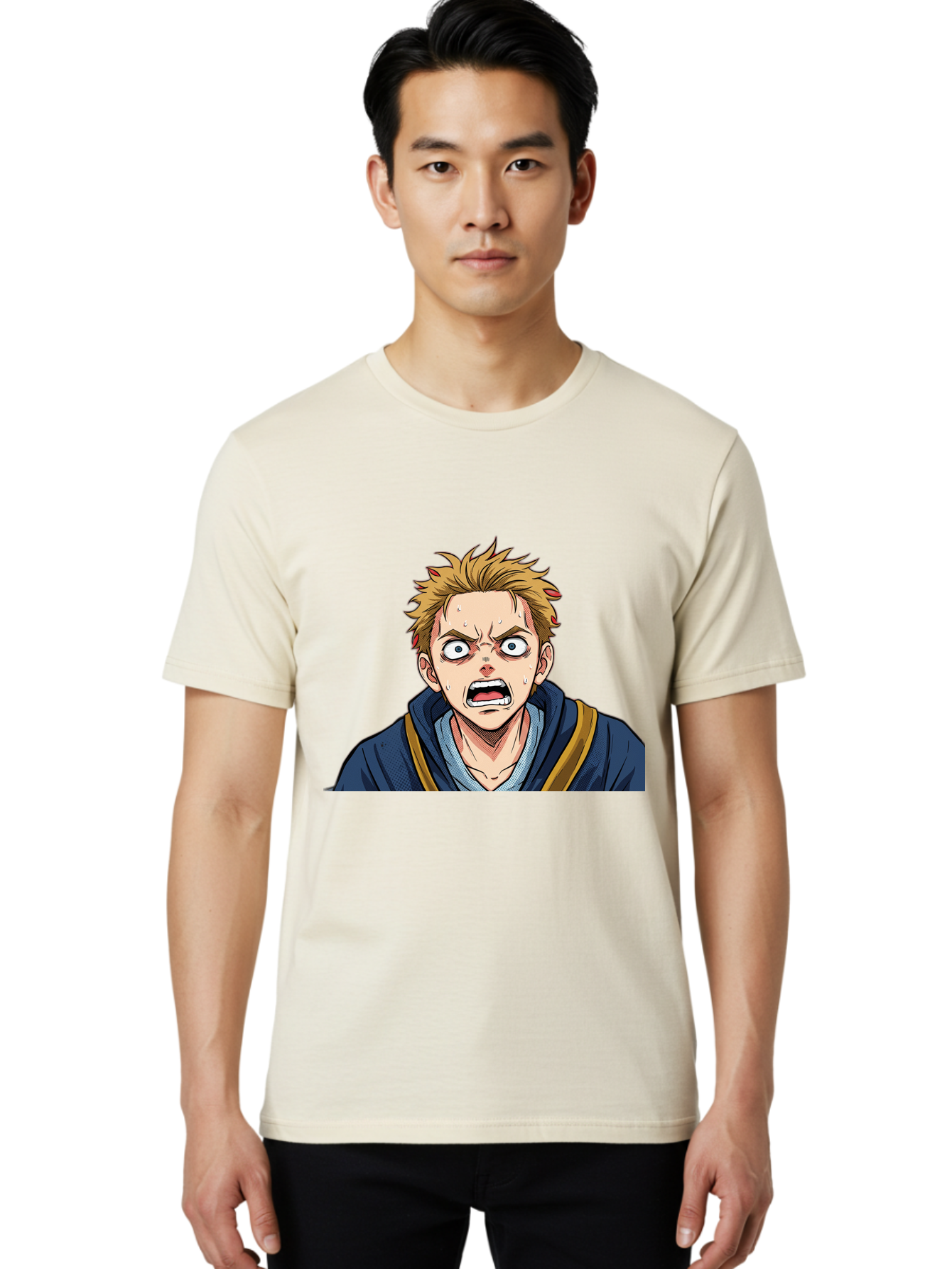 Angry-Anime-Boy Men'S Graphic Tee, 100% Cotton, Comfortable Casual Summer Wear, Machine Washable, Cartoon Character, Young Man, Blond Hair, Blue Hoodie, Shocked Expression, Wide-Eyed, Open-Mouthed, Intense Emotion, Dynamic Pose, Bab644