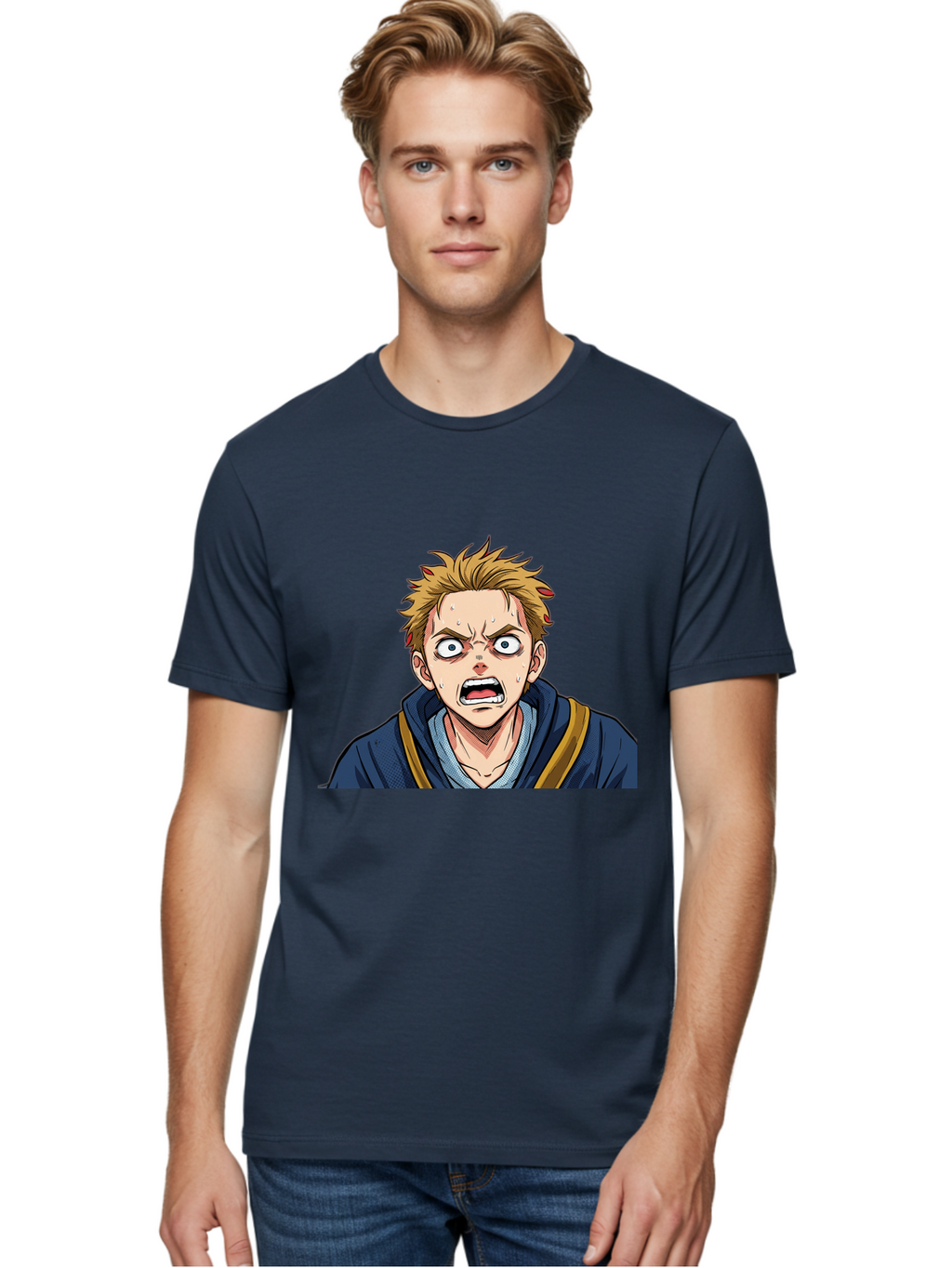 Angry-Anime-Boy Men'S Graphic Tee, 100% Cotton, Comfortable Casual Summer Wear, Machine Washable, Cartoon Character, Young Man, Blond Hair, Blue Hoodie, Shocked Expression, Wide-Eyed, Open-Mouthed, Intense Emotion, Dynamic Pose, Bab644