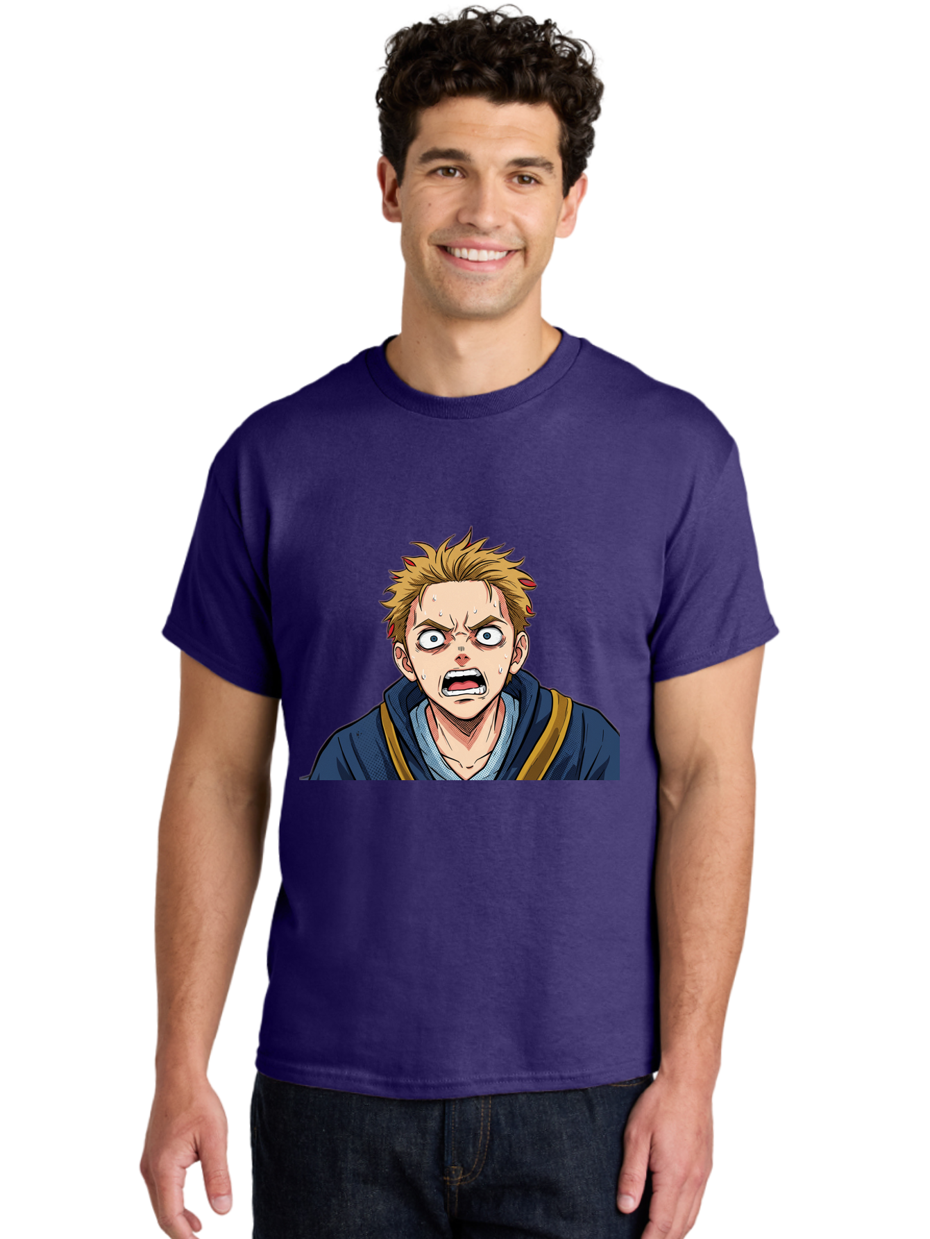 Angry-Anime-Boy Men'S Graphic Tee, 100% Cotton, Comfortable Casual Summer Wear, Machine Washable, Cartoon Character, Young Man, Blond Hair, Blue Hoodie, Shocked Expression, Wide-Eyed, Open-Mouthed, Intense Emotion, Dynamic Pose, Bab644