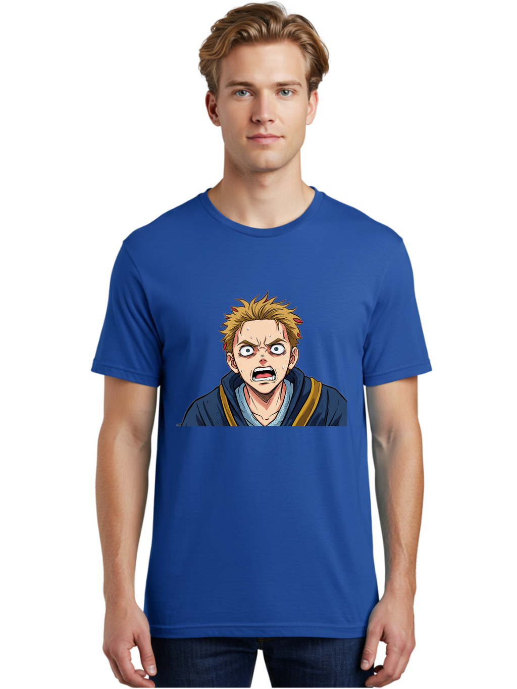 Angry-Anime-Boy Men'S Graphic Tee, 100% Cotton, Comfortable Casual Summer Wear, Machine Washable, Cartoon Character, Young Man, Blond Hair, Blue Hoodie, Shocked Expression, Wide-Eyed, Open-Mouthed, Intense Emotion, Dynamic Pose, Bab644