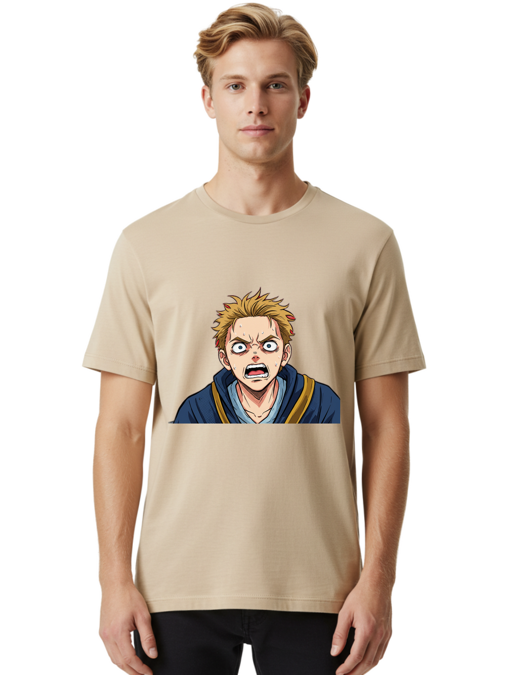 Angry-Anime-Boy Men'S Graphic Tee, 100% Cotton, Comfortable Casual Summer Wear, Machine Washable, Cartoon Character, Young Man, Blond Hair, Blue Hoodie, Shocked Expression, Wide-Eyed, Open-Mouthed, Intense Emotion, Dynamic Pose, Bab644