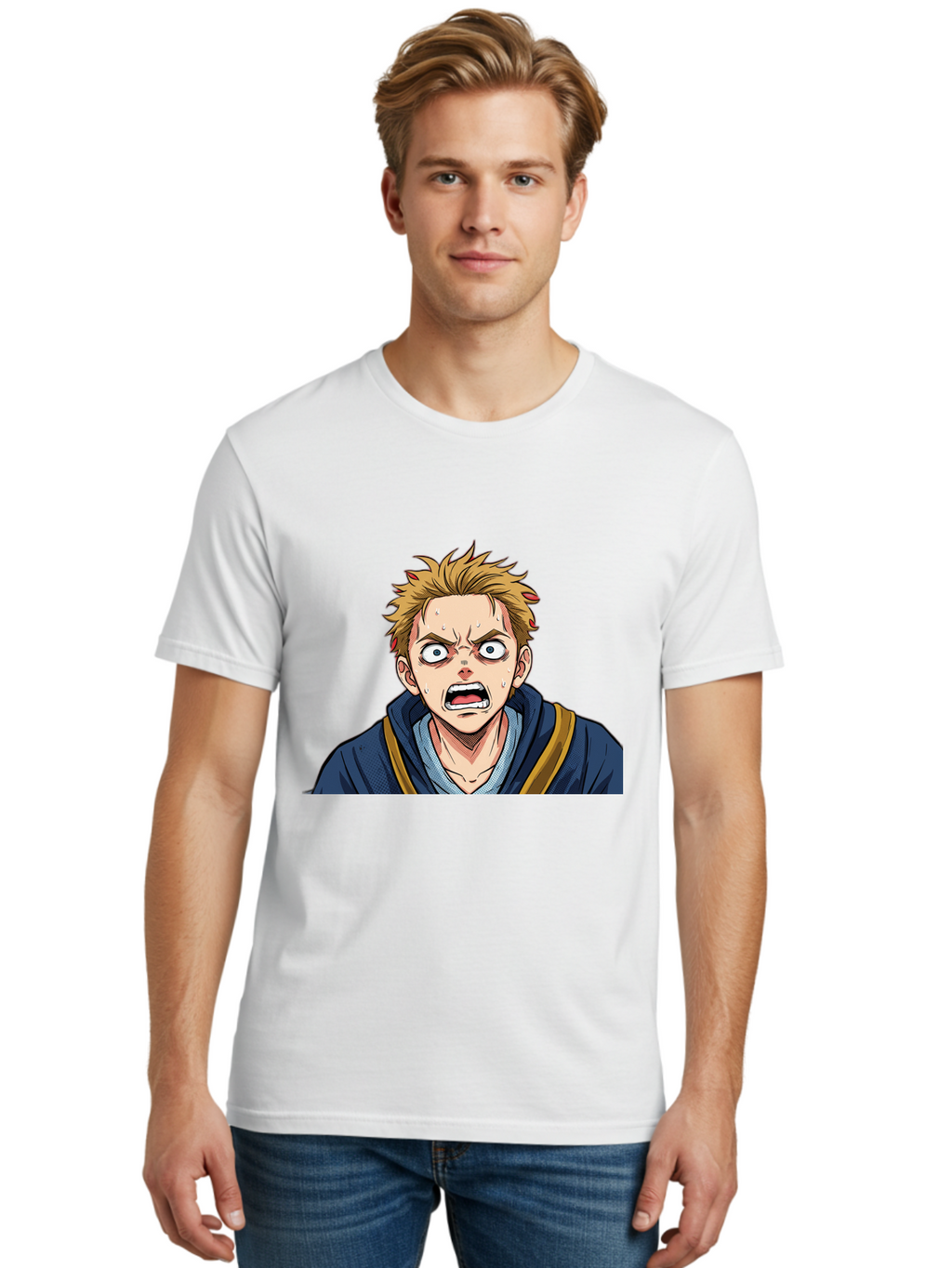 Angry-Anime-Boy Men'S Graphic Tee, 100% Cotton, Comfortable Casual Summer Wear, Machine Washable, Cartoon Character, Young Man, Blond Hair, Blue Hoodie, Shocked Expression, Wide-Eyed, Open-Mouthed, Intense Emotion, Dynamic Pose, Bab644