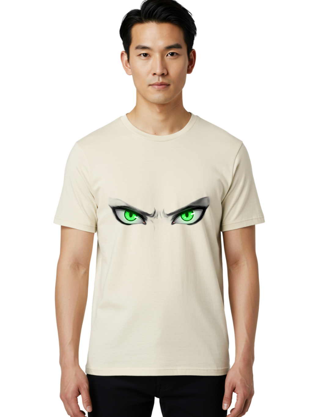 Angry-Eyes Men'S Graphic Tee, 100% Cotton, Comfortable Casual Summer Wear, Machine Washable, Menacing Stare, Intense Gaze, Green Eyes, Anime Style, Aggressive Expression, Bold Eyebrows, Cartoon Character, Dramatic Look Bab646