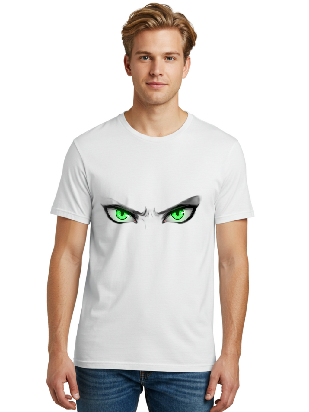 Angry-Eyes Men'S Graphic Tee, 100% Cotton, Comfortable Casual Summer Wear, Machine Washable, Menacing Stare, Intense Gaze, Green Eyes, Anime Style, Aggressive Expression, Bold Eyebrows, Cartoon Character, Dramatic Look Bab646