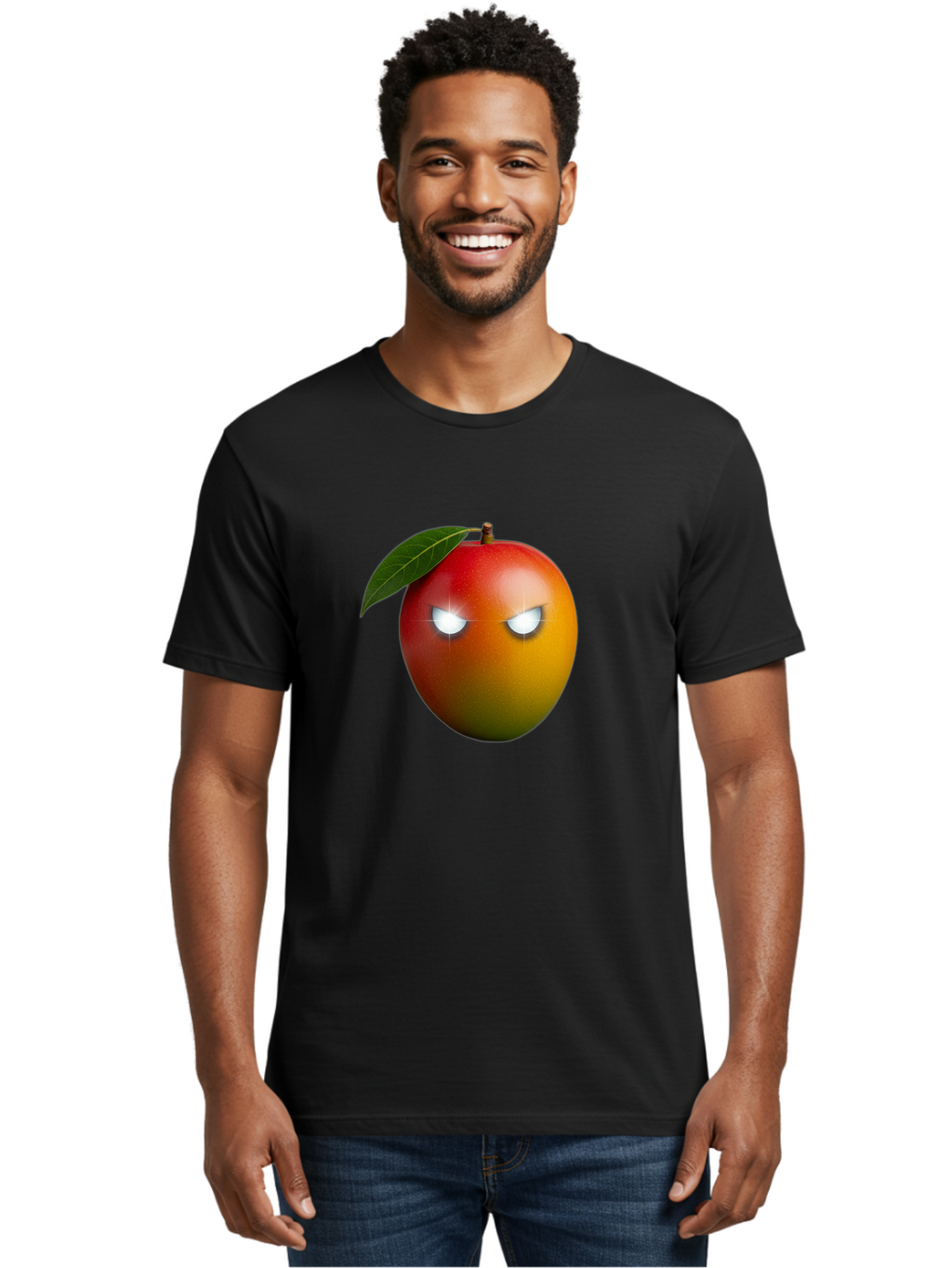 Angry-Mango Men'S Graphic Tee, 100% Cotton, Comfortable Casual Summer Wear, Machine Washable, Angry Mango Face, Mango Fruit, Cartoon Character, Aggressive Expression, Fruit Emoji, Vibrant Colors, Leafy Top, Fun Design, Playful Illustration, Bab647