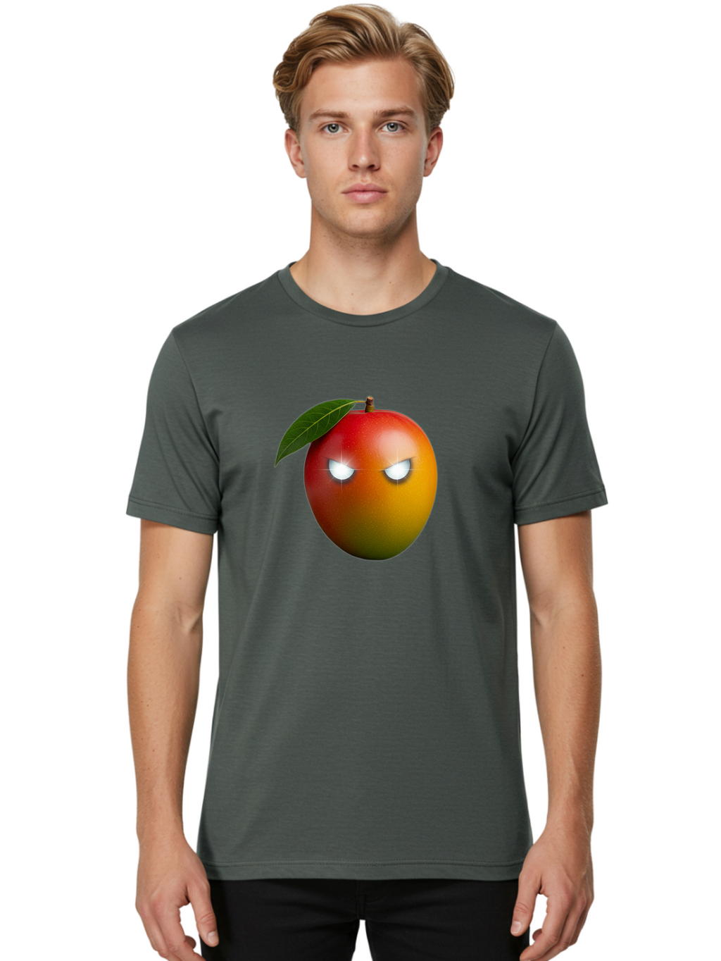 Angry-Mango Men'S Graphic Tee, 100% Cotton, Comfortable Casual Summer Wear, Machine Washable, Angry Mango Face, Mango Fruit, Cartoon Character, Aggressive Expression, Fruit Emoji, Vibrant Colors, Leafy Top, Fun Design, Playful Illustration, Bab647