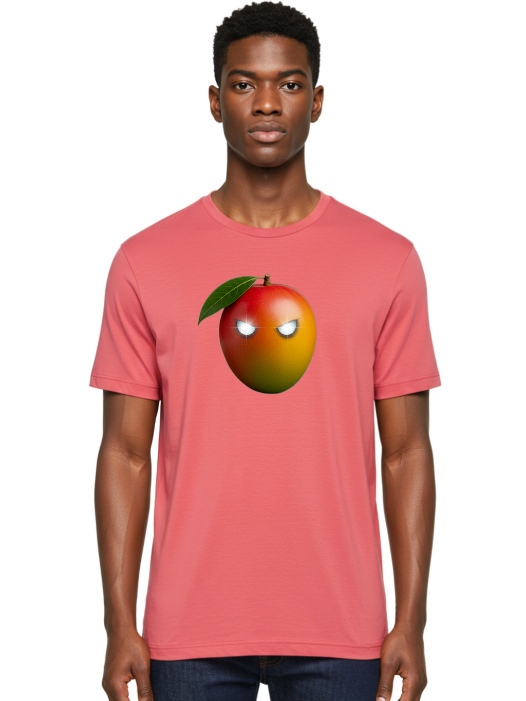 Angry-Mango Men'S Graphic Tee, 100% Cotton, Comfortable Casual Summer Wear, Machine Washable, Angry Mango Face, Mango Fruit, Cartoon Character, Aggressive Expression, Fruit Emoji, Vibrant Colors, Leafy Top, Fun Design, Playful Illustration, Bab647