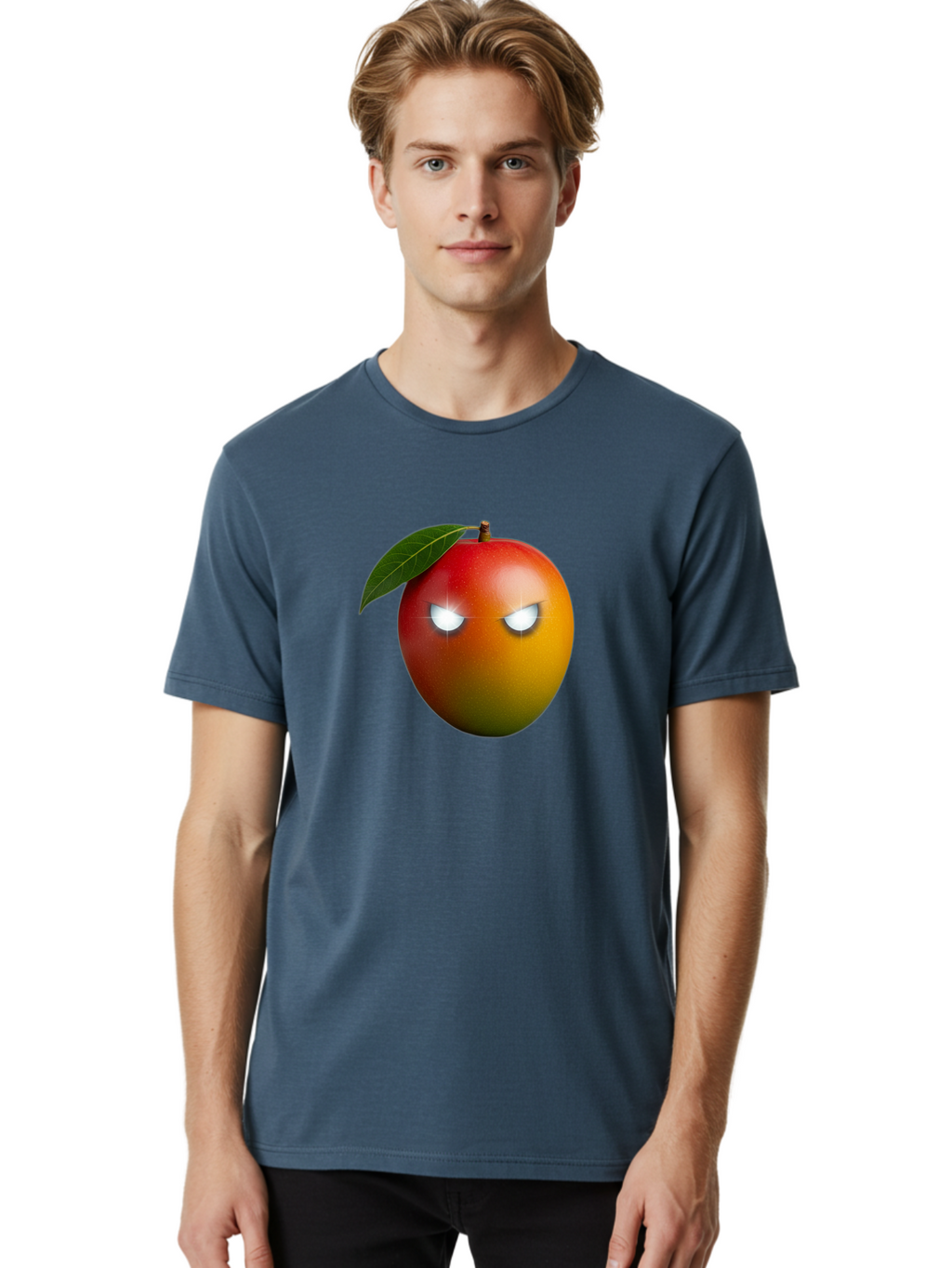 Angry-Mango Men'S Graphic Tee, 100% Cotton, Comfortable Casual Summer Wear, Machine Washable, Angry Mango Face, Mango Fruit, Cartoon Character, Aggressive Expression, Fruit Emoji, Vibrant Colors, Leafy Top, Fun Design, Playful Illustration, Bab647