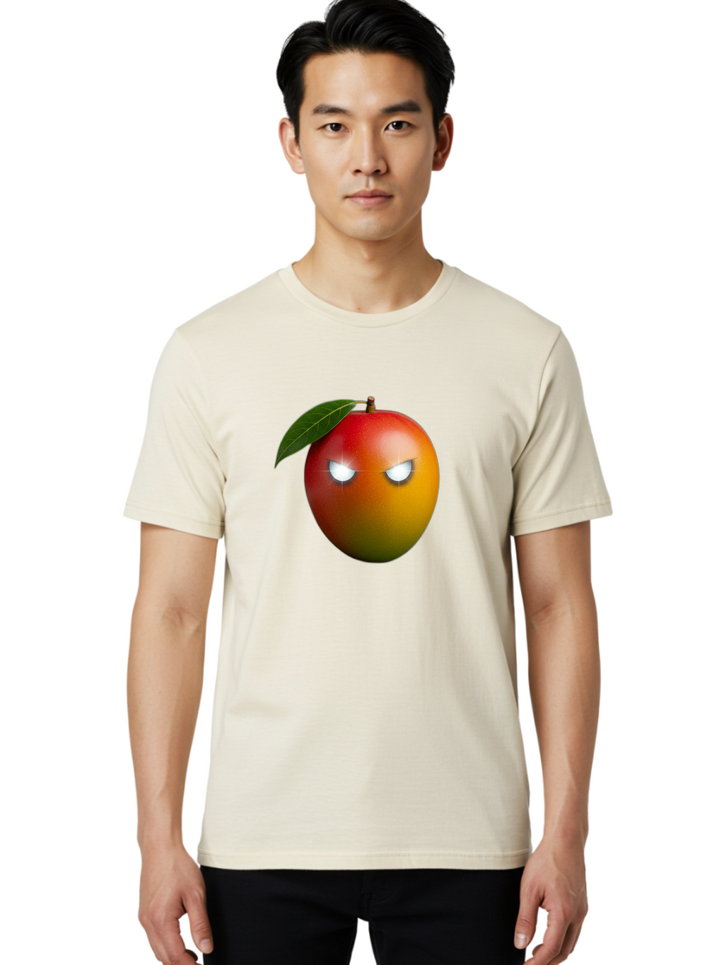 Angry-Mango Men'S Graphic Tee, 100% Cotton, Comfortable Casual Summer Wear, Machine Washable, Angry Mango Face, Mango Fruit, Cartoon Character, Aggressive Expression, Fruit Emoji, Vibrant Colors, Leafy Top, Fun Design, Playful Illustration, Bab647