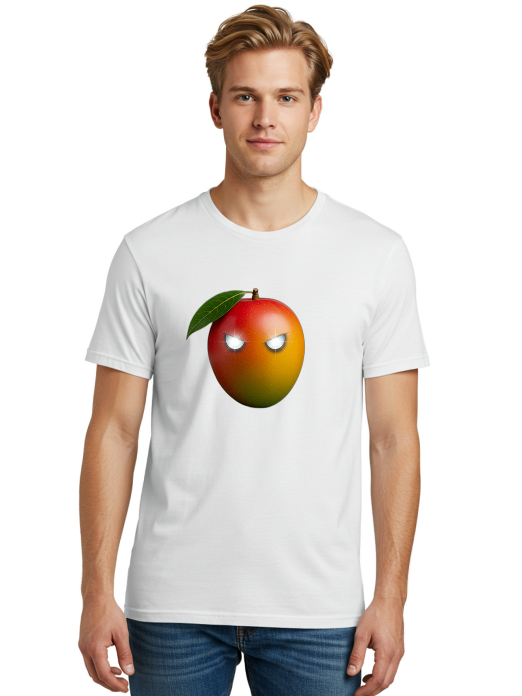 Angry-Mango Men'S Graphic Tee, 100% Cotton, Comfortable Casual Summer Wear, Machine Washable, Angry Mango Face, Mango Fruit, Cartoon Character, Aggressive Expression, Fruit Emoji, Vibrant Colors, Leafy Top, Fun Design, Playful Illustration, Bab647