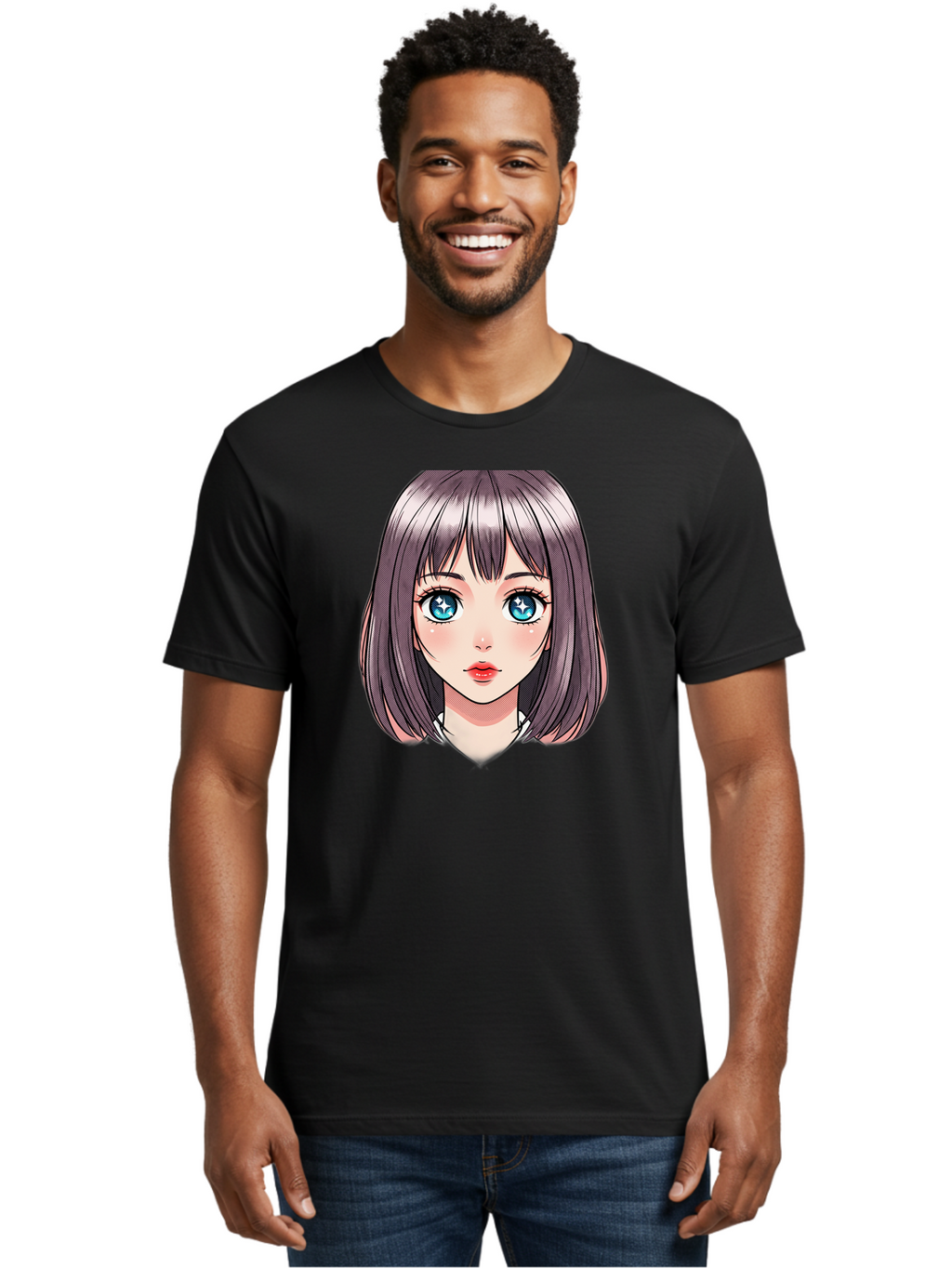 Anime-Girl Men'S Graphic Tee, 100% Cotton, Comfortable Casual Summer Wear, Machine Washable, Anime Girl, Manga Style, Blue Eyes, Short Hair, Bangs, Cartoon Character, Vibrant Colors, Kawaii Art, Digital Illustration, Young Female Character, Bab648