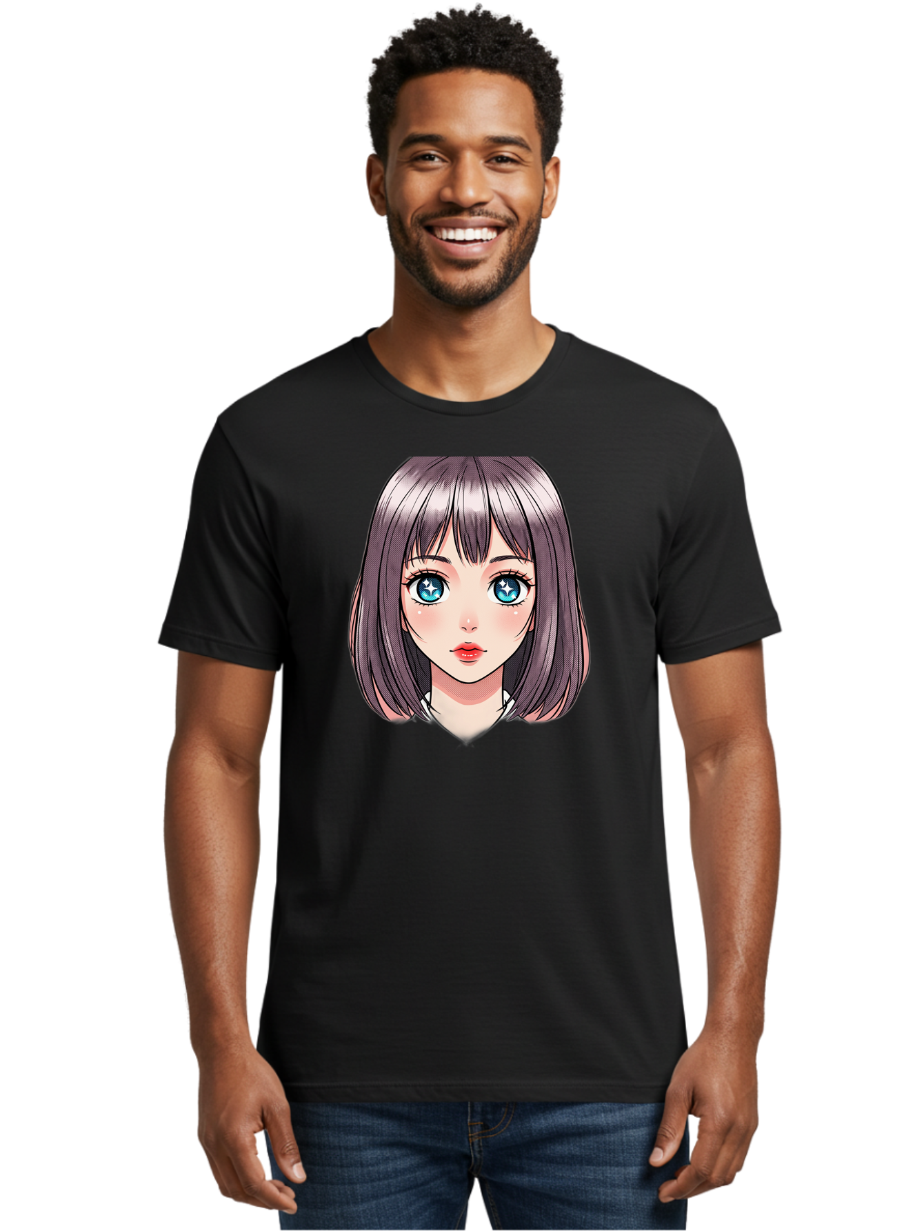 Anime-Girl Men'S Graphic Tee, 100% Cotton, Comfortable Casual Summer Wear, Machine Washable, Anime Girl, Manga Style, Blue Eyes, Short Hair, Bangs, Cartoon Character, Vibrant Colors, Kawaii Art, Digital Illustration, Young Female Character, Bab648