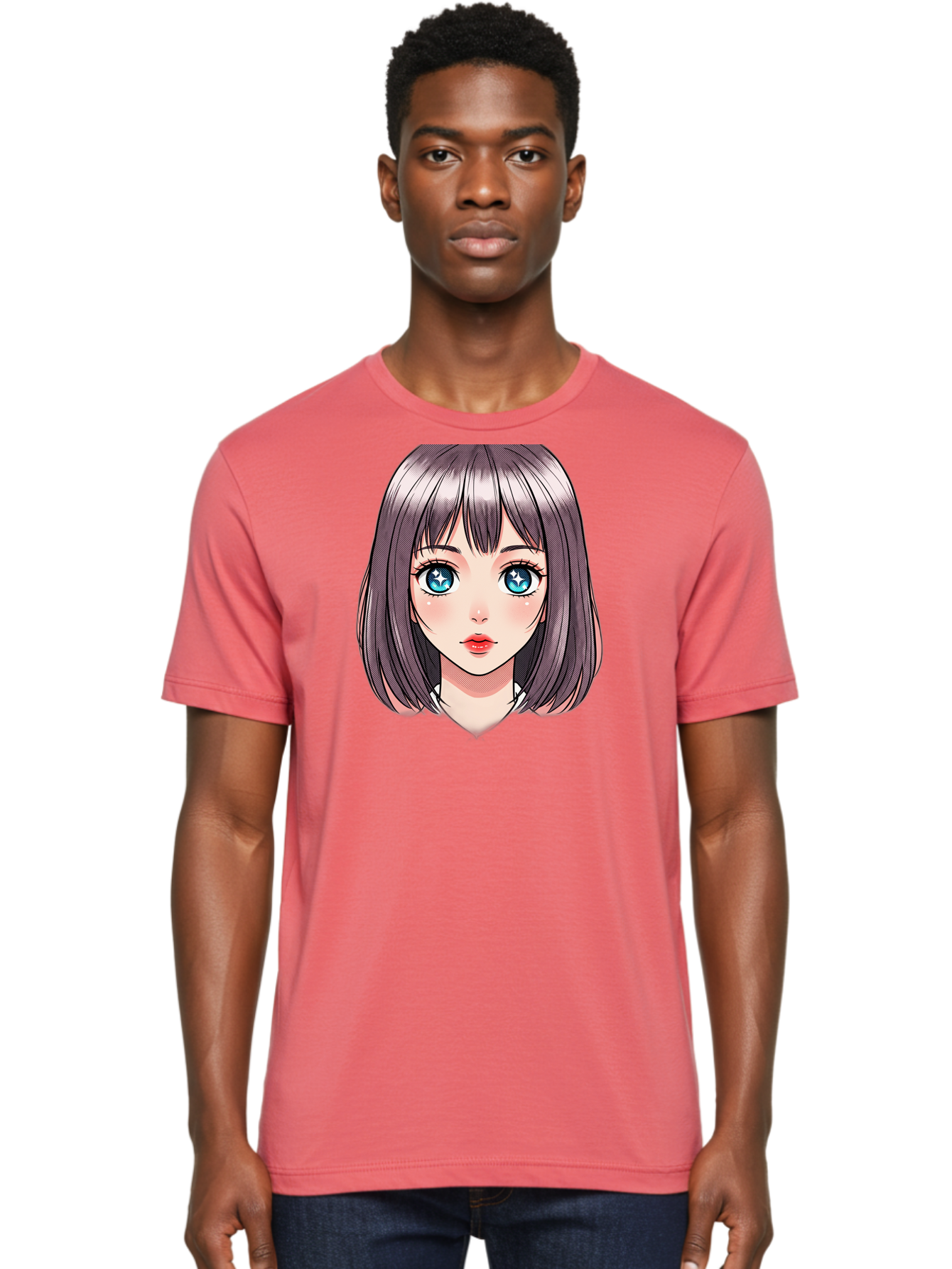 Anime-Girl Men'S Graphic Tee, 100% Cotton, Comfortable Casual Summer Wear, Machine Washable, Anime Girl, Manga Style, Blue Eyes, Short Hair, Bangs, Cartoon Character, Vibrant Colors, Kawaii Art, Digital Illustration, Young Female Character, Bab648