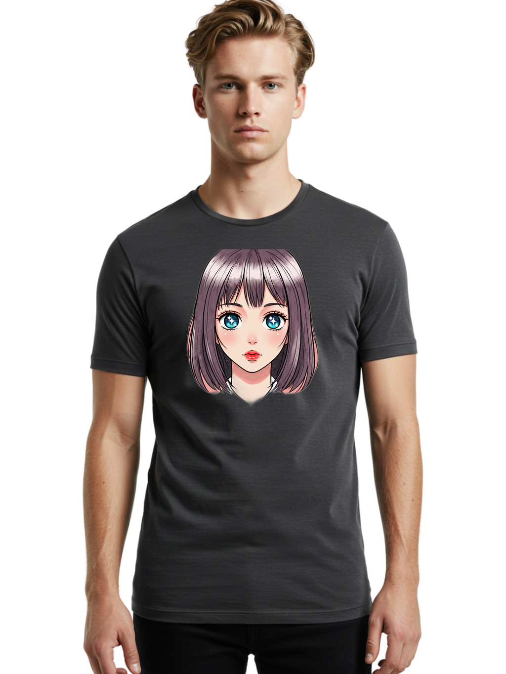 Anime-Girl Men'S Graphic Tee, 100% Cotton, Comfortable Casual Summer Wear, Machine Washable, Anime Girl, Manga Style, Blue Eyes, Short Hair, Bangs, Cartoon Character, Vibrant Colors, Kawaii Art, Digital Illustration, Young Female Character, Bab648
