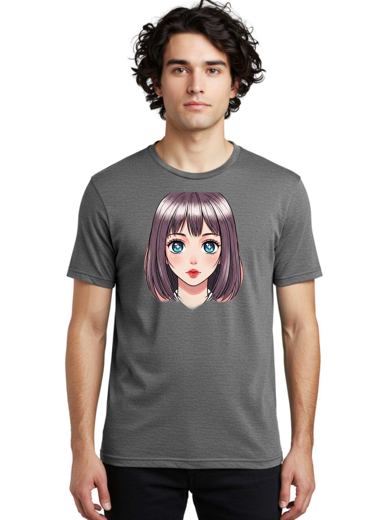 Anime-Girl Men'S Graphic Tee, 100% Cotton, Comfortable Casual Summer Wear, Machine Washable, Anime Girl, Manga Style, Blue Eyes, Short Hair, Bangs, Cartoon Character, Vibrant Colors, Kawaii Art, Digital Illustration, Young Female Character, Bab648