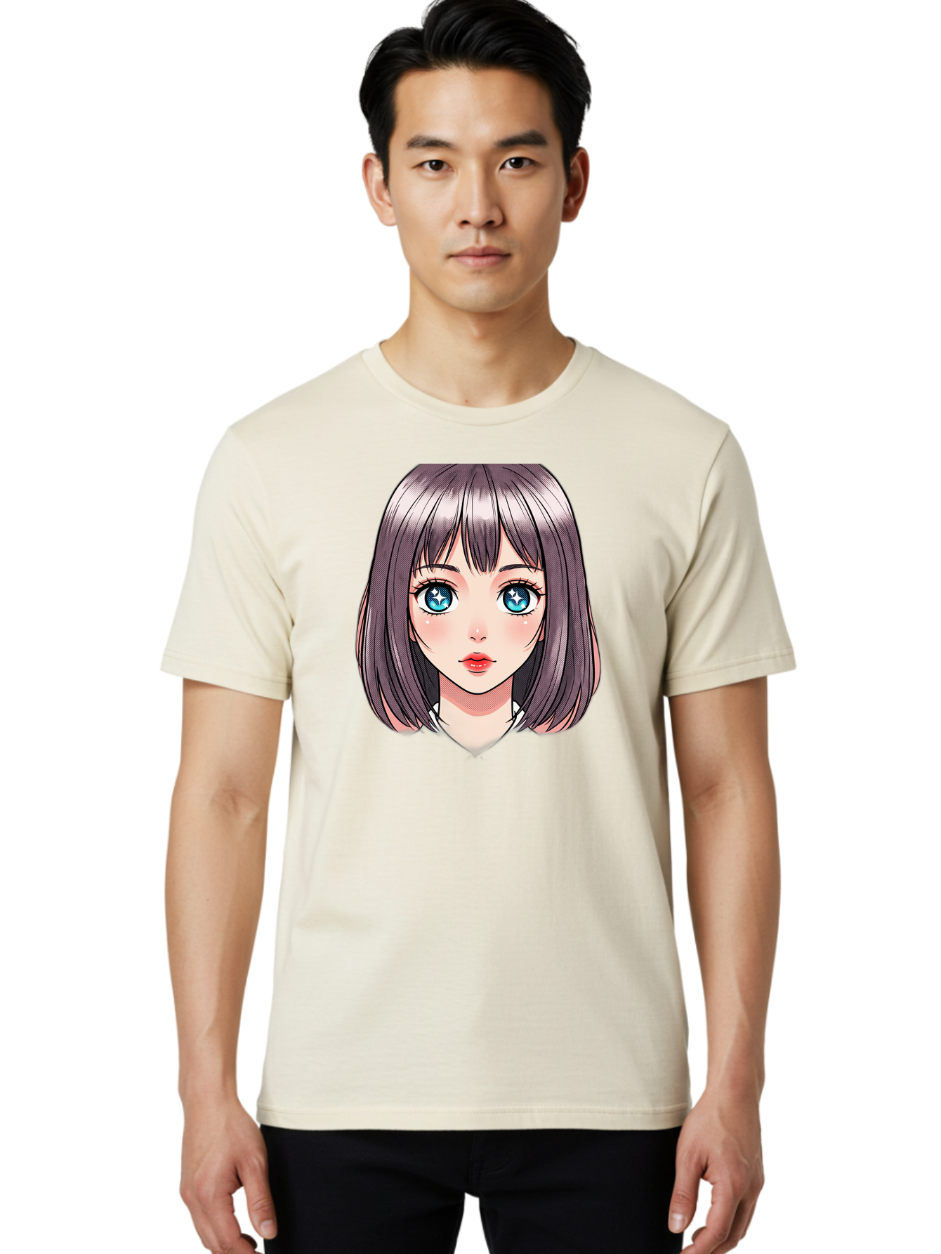 Anime-Girl Men'S Graphic Tee, 100% Cotton, Comfortable Casual Summer Wear, Machine Washable, Anime Girl, Manga Style, Blue Eyes, Short Hair, Bangs, Cartoon Character, Vibrant Colors, Kawaii Art, Digital Illustration, Young Female Character, Bab648