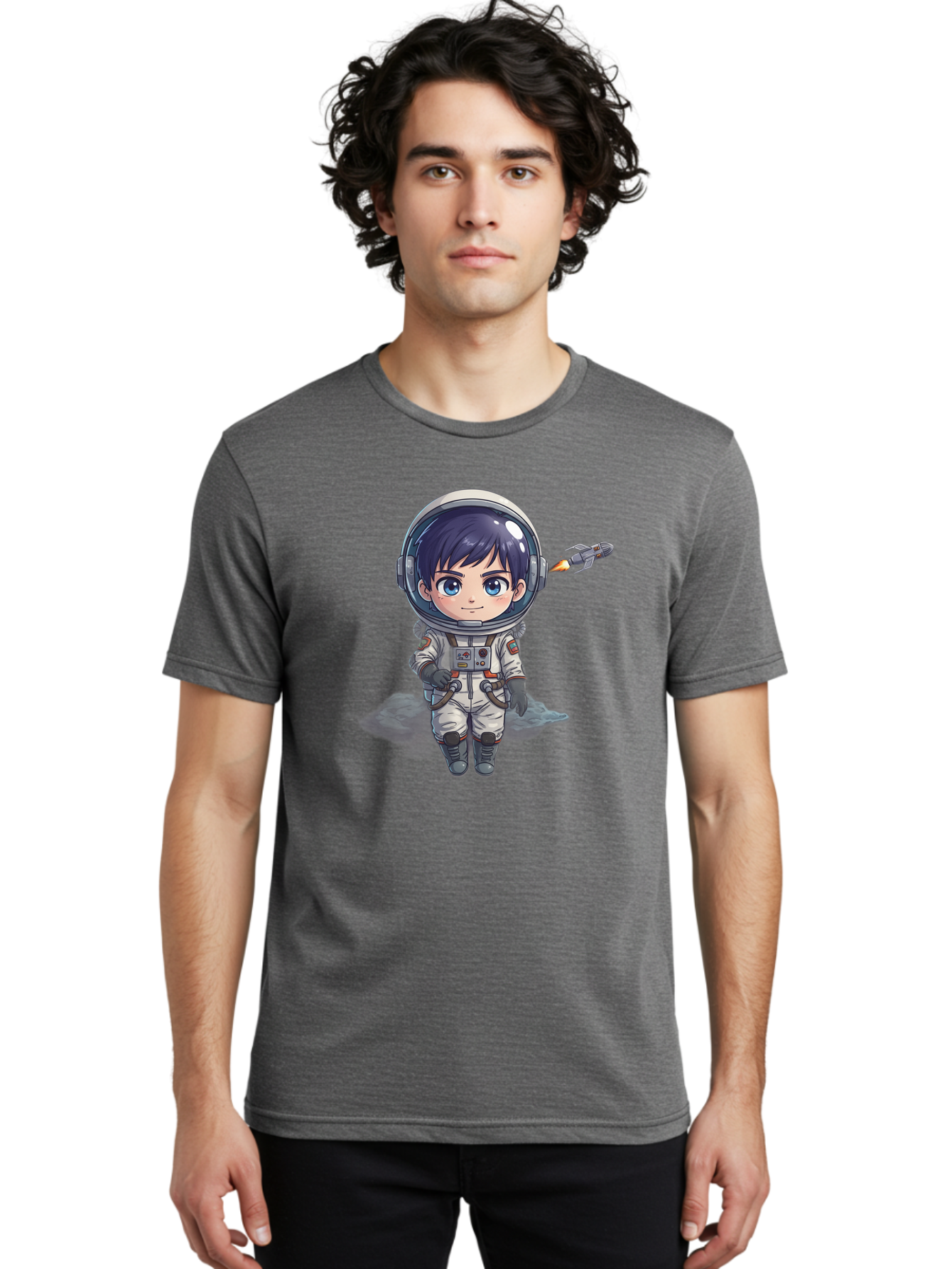 Astronaut-Boy Men'S Graphic Tee, 100% Cotton, Comfortable Casual Summer Wear, Machine Washable, Cartoon Astronaut, Chibi Character, Space Suit, Helmet, Blue Eyes, Dark Hair, Rocket Pack, Adventure, Cartoon Style, Kawaii Art, Futuristic, Bab649