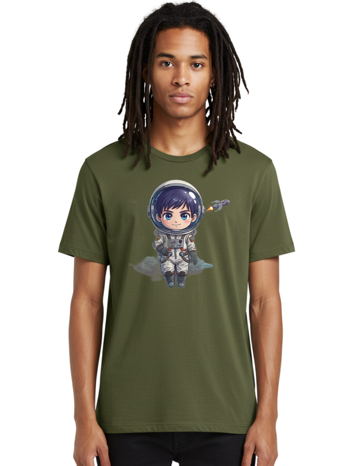Astronaut-Boy Men'S Graphic Tee, 100% Cotton, Comfortable Casual Summer Wear, Machine Washable, Cartoon Astronaut, Chibi Character, Space Suit, Helmet, Blue Eyes, Dark Hair, Rocket Pack, Adventure, Cartoon Style, Kawaii Art, Futuristic, Bab649