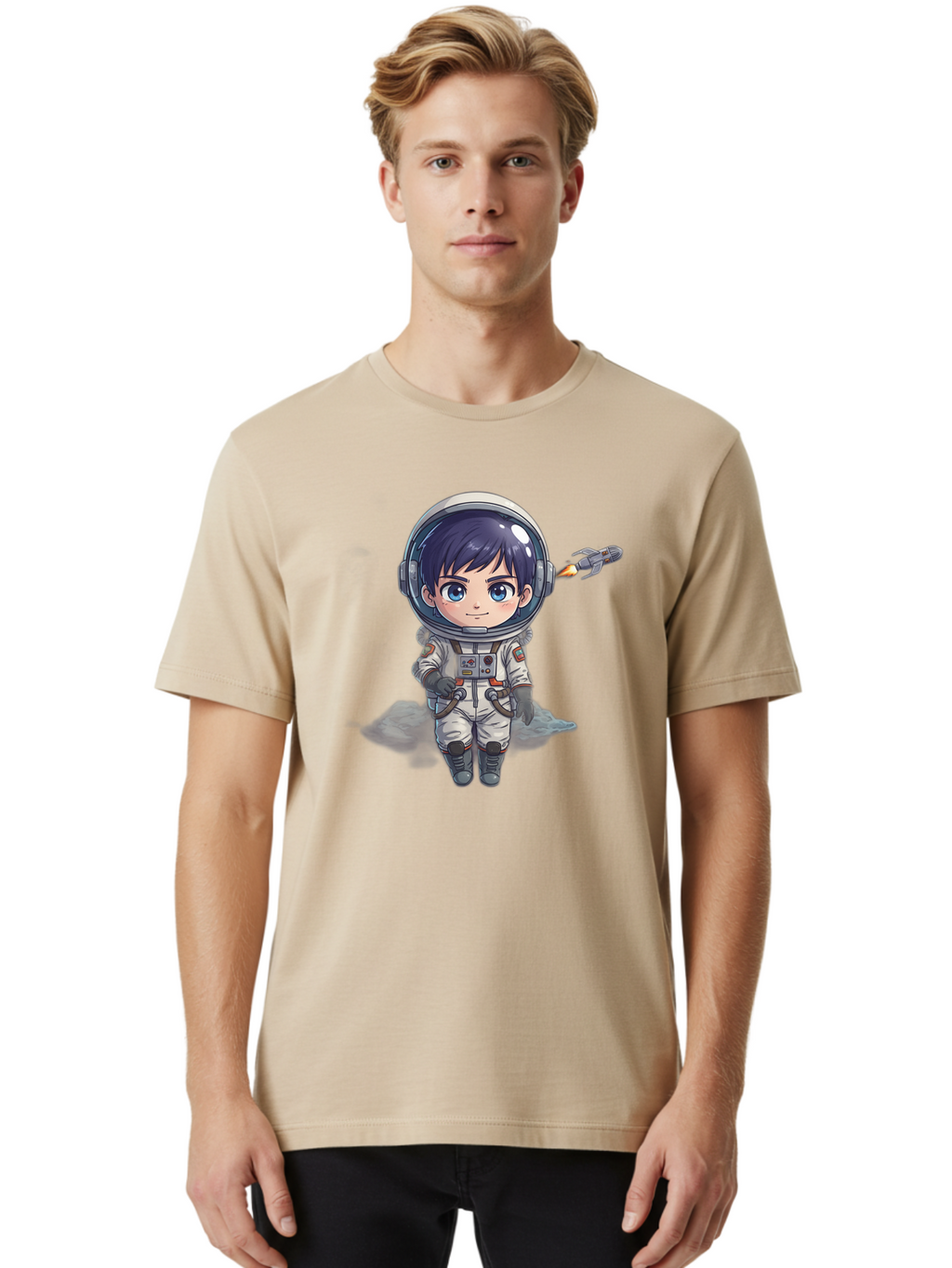 Astronaut-Boy Men'S Graphic Tee, 100% Cotton, Comfortable Casual Summer Wear, Machine Washable, Cartoon Astronaut, Chibi Character, Space Suit, Helmet, Blue Eyes, Dark Hair, Rocket Pack, Adventure, Cartoon Style, Kawaii Art, Futuristic, Bab649