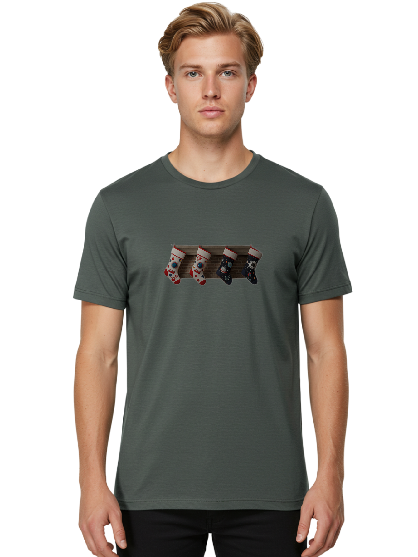 Astronaut-Christmas-Stockings Men'S Graphic Tee, 100% Cotton, Comfortable Casual Summer Wear, Machine Washable, Christmas Stockings, Holiday Decor, Festive Socks, Holiday Cheer, Wall Decoration, Brick Wall, Christmas Celebration, Bab650