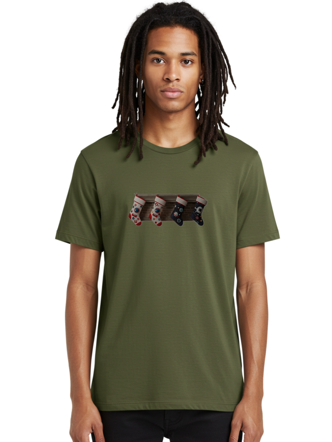Astronaut-Christmas-Stockings Men'S Graphic Tee, 100% Cotton, Comfortable Casual Summer Wear, Machine Washable, Christmas Stockings, Holiday Decor, Festive Socks, Holiday Cheer, Wall Decoration, Brick Wall, Christmas Celebration, Bab650