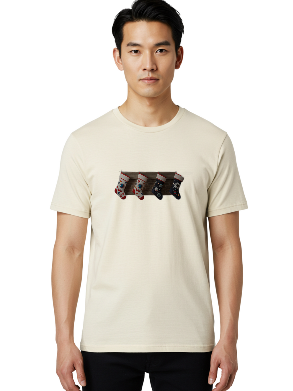 Astronaut-Christmas-Stockings Men'S Graphic Tee, 100% Cotton, Comfortable Casual Summer Wear, Machine Washable, Christmas Stockings, Holiday Decor, Festive Socks, Holiday Cheer, Wall Decoration, Brick Wall, Christmas Celebration, Bab650