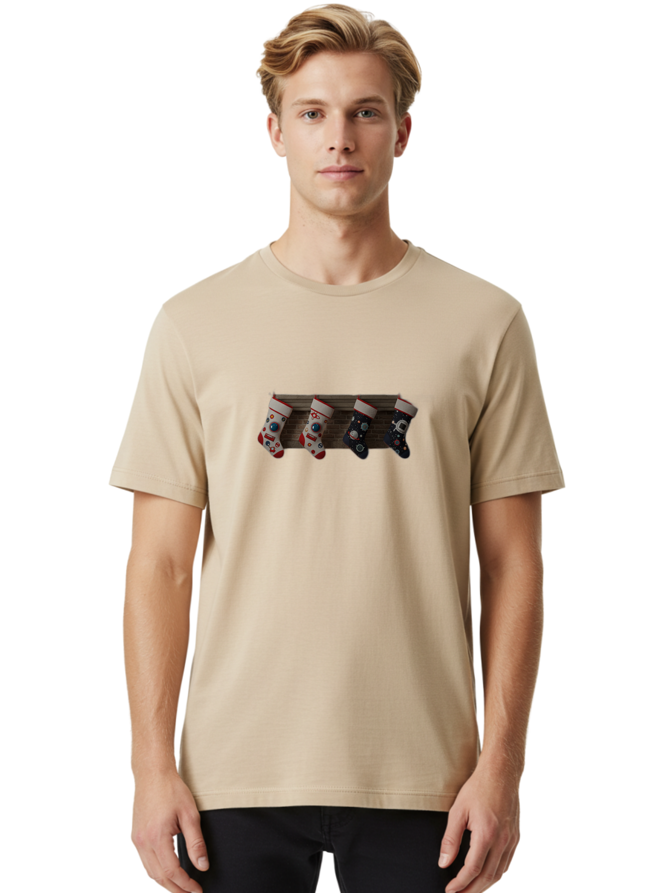 Astronaut-Christmas-Stockings Men'S Graphic Tee, 100% Cotton, Comfortable Casual Summer Wear, Machine Washable, Christmas Stockings, Holiday Decor, Festive Socks, Holiday Cheer, Wall Decoration, Brick Wall, Christmas Celebration, Bab650