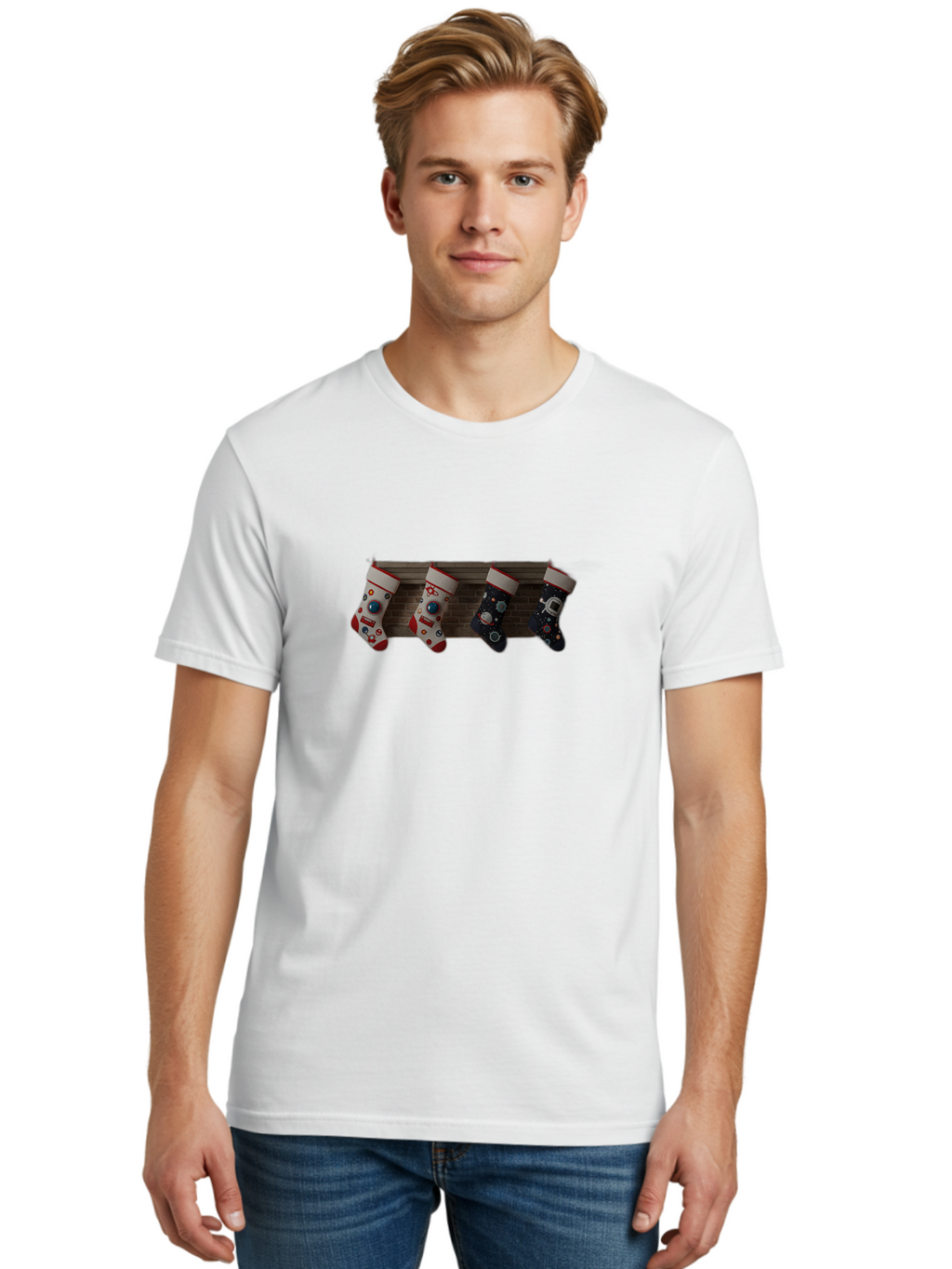 Astronaut-Christmas-Stockings Men'S Graphic Tee, 100% Cotton, Comfortable Casual Summer Wear, Machine Washable, Christmas Stockings, Holiday Decor, Festive Socks, Holiday Cheer, Wall Decoration, Brick Wall, Christmas Celebration, Bab650
