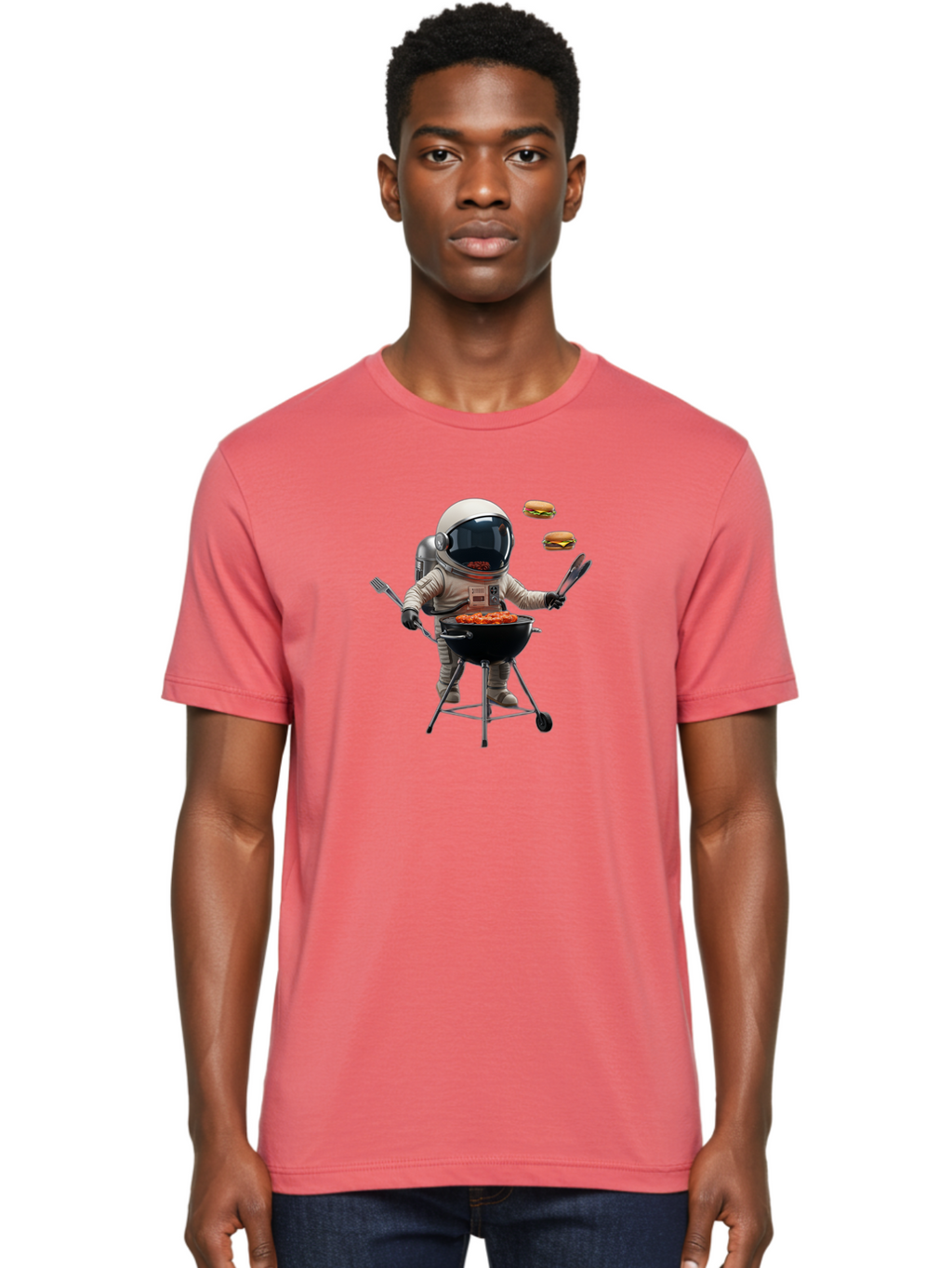 Astronaut-Grilling-Burgers Men'S Graphic Tee, 100% Cotton, Comfortable Casual Summer Wear, Machine Washable, Astronaut Grilling, Barbecue In Space, Floating Burgers, Chef In Space Suit, Grill Master, Casual Dining, Outdoor Cooking, Bab652