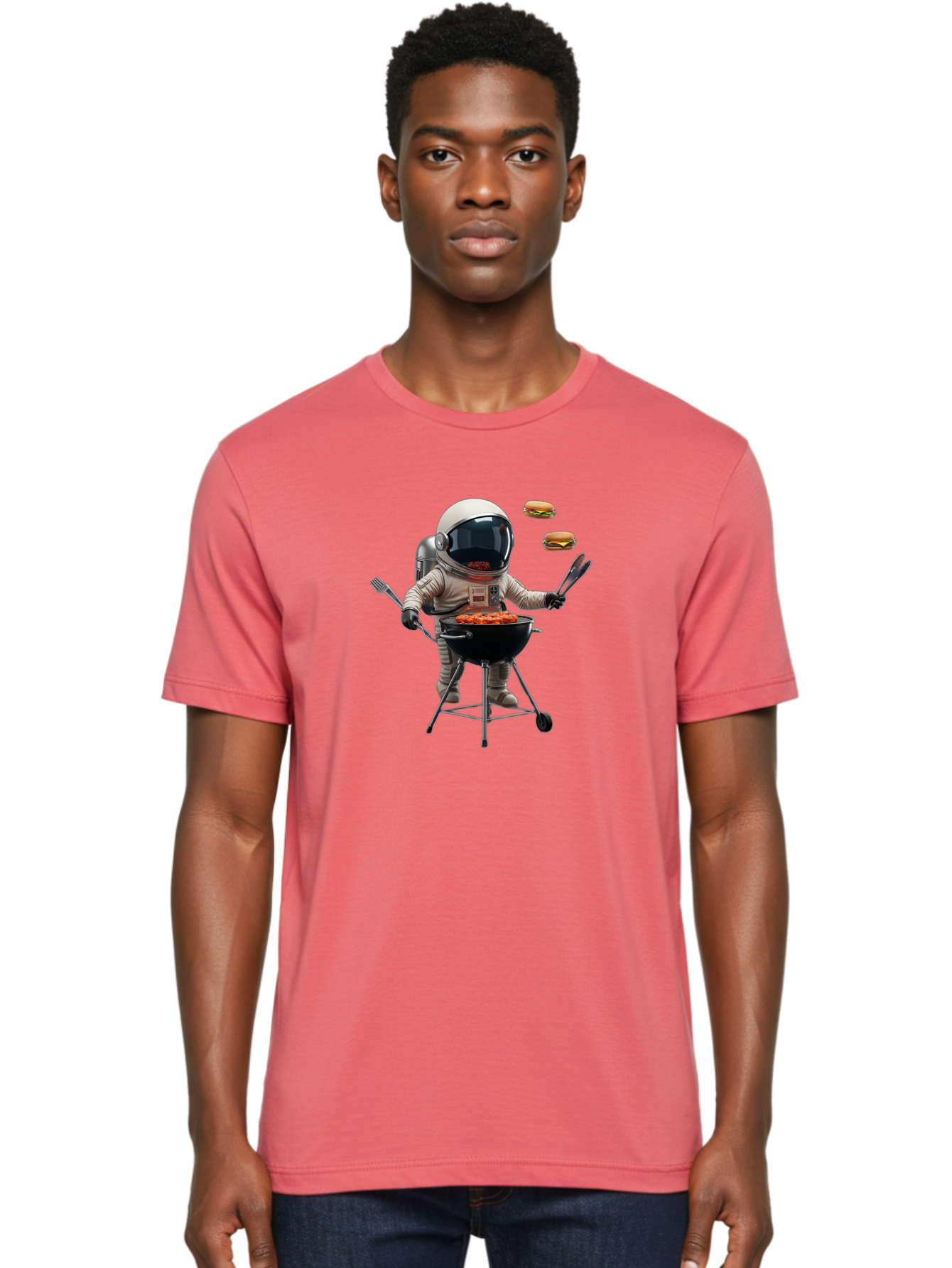 Astronaut-Grilling-Burgers Men'S Graphic Tee, 100% Cotton, Comfortable Casual Summer Wear, Machine Washable, Astronaut Grilling, Barbecue In Space, Floating Burgers, Chef In Space Suit, Grill Master, Casual Dining, Outdoor Cooking, Bab652