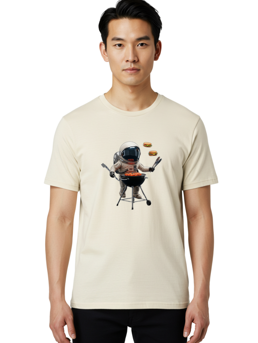 Astronaut-Grilling-Burgers Men'S Graphic Tee, 100% Cotton, Comfortable Casual Summer Wear, Machine Washable, Astronaut Grilling, Barbecue In Space, Floating Burgers, Chef In Space Suit, Grill Master, Casual Dining, Outdoor Cooking, Bab652