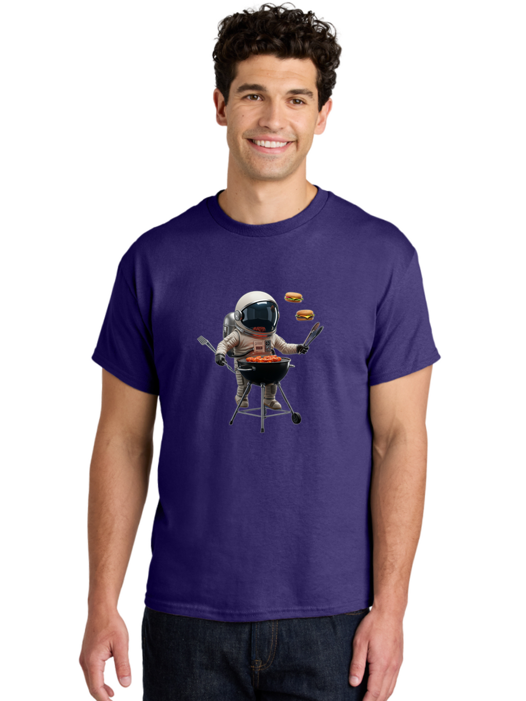 Astronaut-Grilling-Burgers Men'S Graphic Tee, 100% Cotton, Comfortable Casual Summer Wear, Machine Washable, Astronaut Grilling, Barbecue In Space, Floating Burgers, Chef In Space Suit, Grill Master, Casual Dining, Outdoor Cooking, Bab652