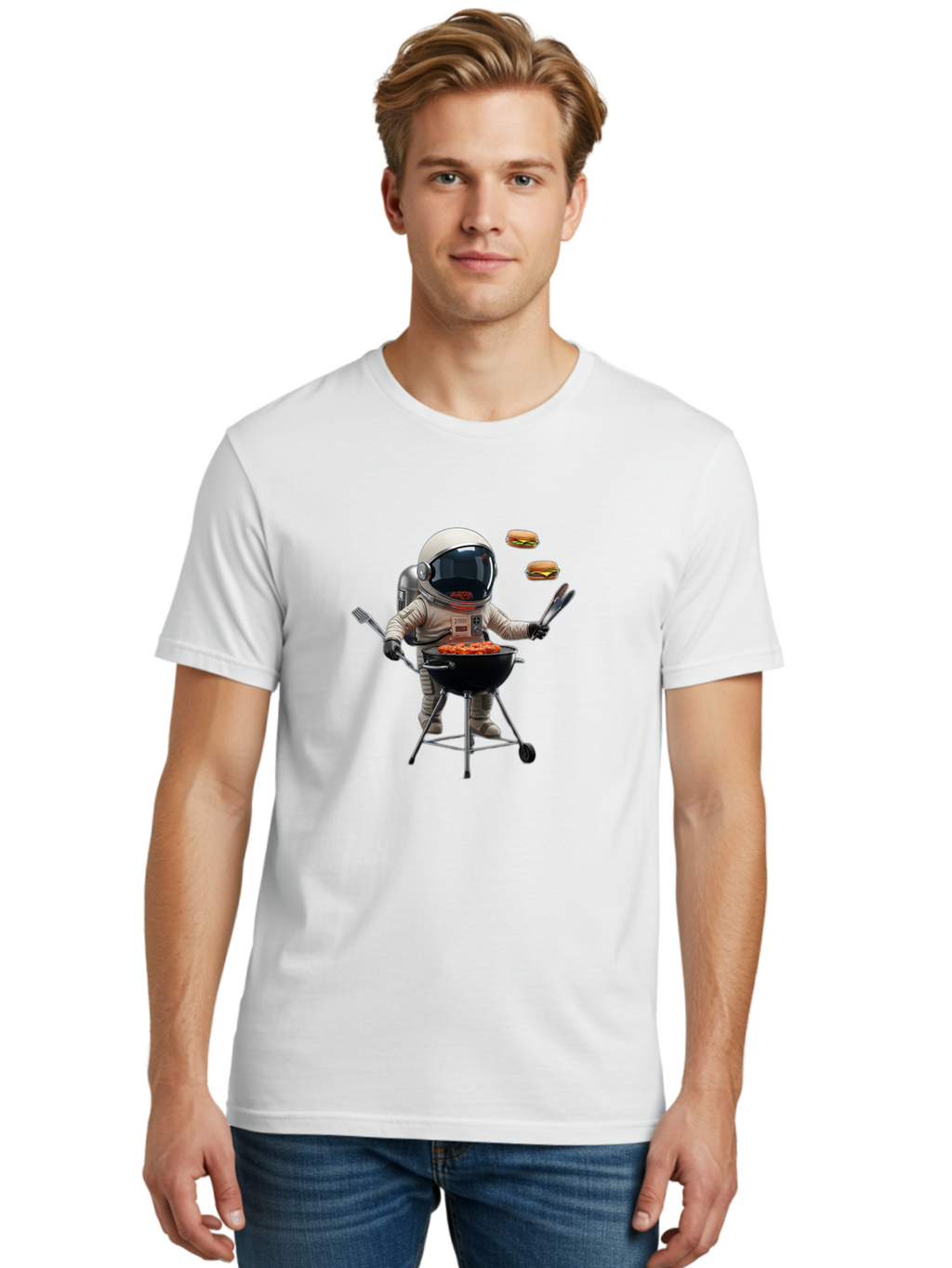 Astronaut-Grilling-Burgers Men'S Graphic Tee, 100% Cotton, Comfortable Casual Summer Wear, Machine Washable, Astronaut Grilling, Barbecue In Space, Floating Burgers, Chef In Space Suit, Grill Master, Casual Dining, Outdoor Cooking, Bab652