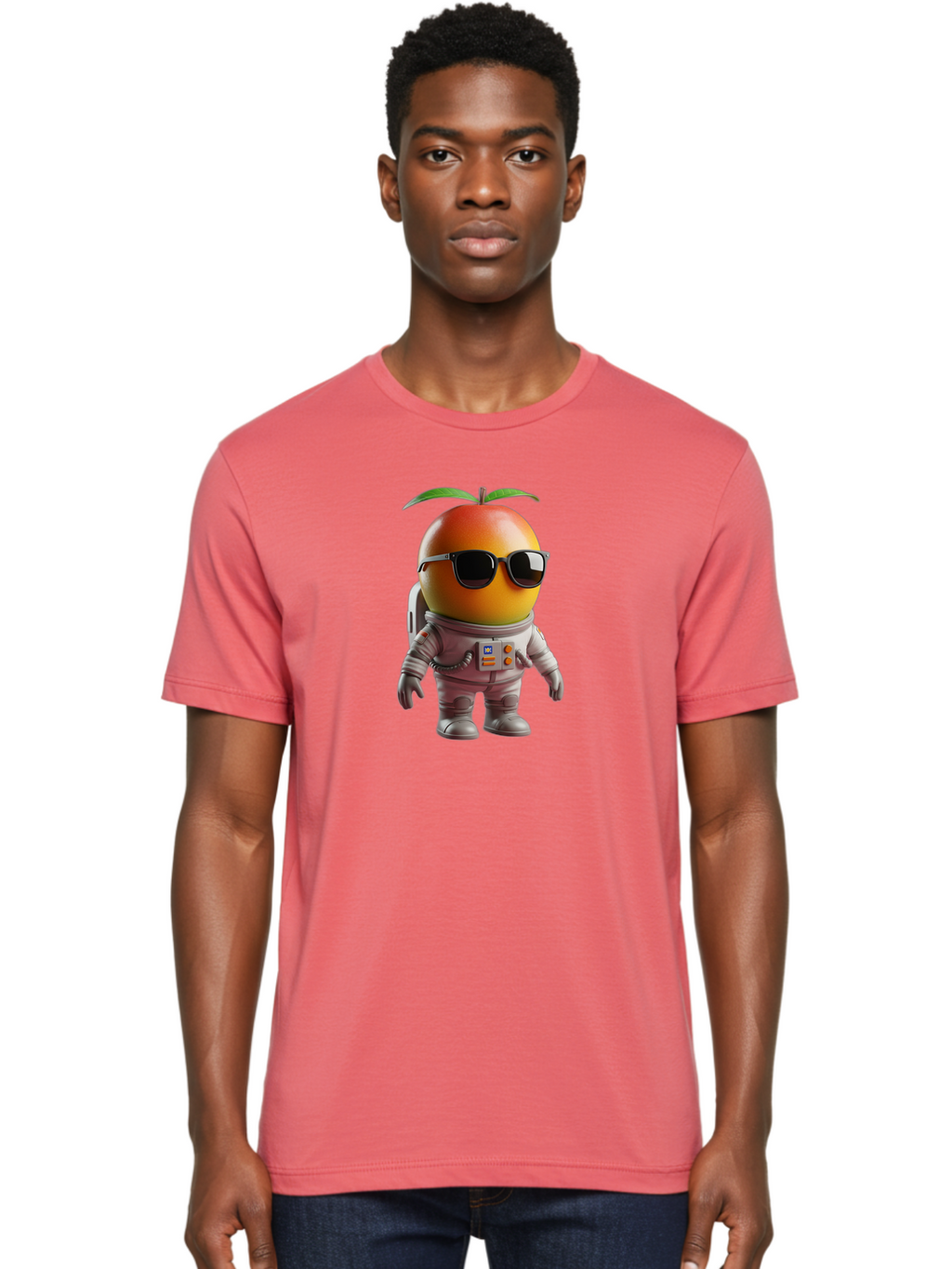 Astronaut-Peach Men'S Graphic Tee, 100% Cotton, Comfortable Casual Summer Wear, Machine Washable, Mango Astronaut, Space Suit, Trendy Shades, Cartoon Character, Orange Fruit, Astronaut Costume, Futuristic Design, Cool Glasses, Space Adventure, Bab653