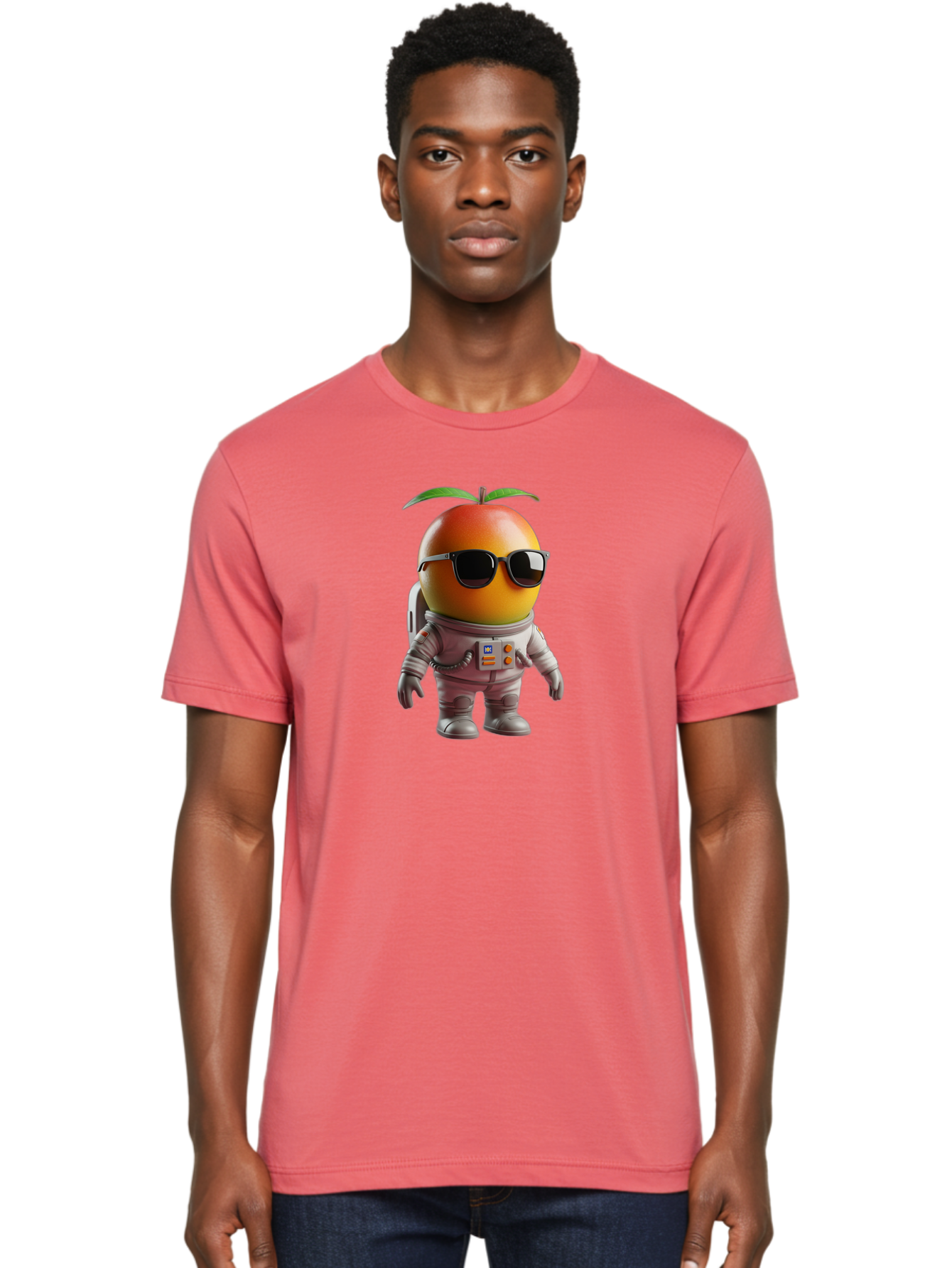 Astronaut-Peach Men'S Graphic Tee, 100% Cotton, Comfortable Casual Summer Wear, Machine Washable, Mango Astronaut, Space Suit, Trendy Shades, Cartoon Character, Orange Fruit, Astronaut Costume, Futuristic Design, Cool Glasses, Space Adventure, Bab653