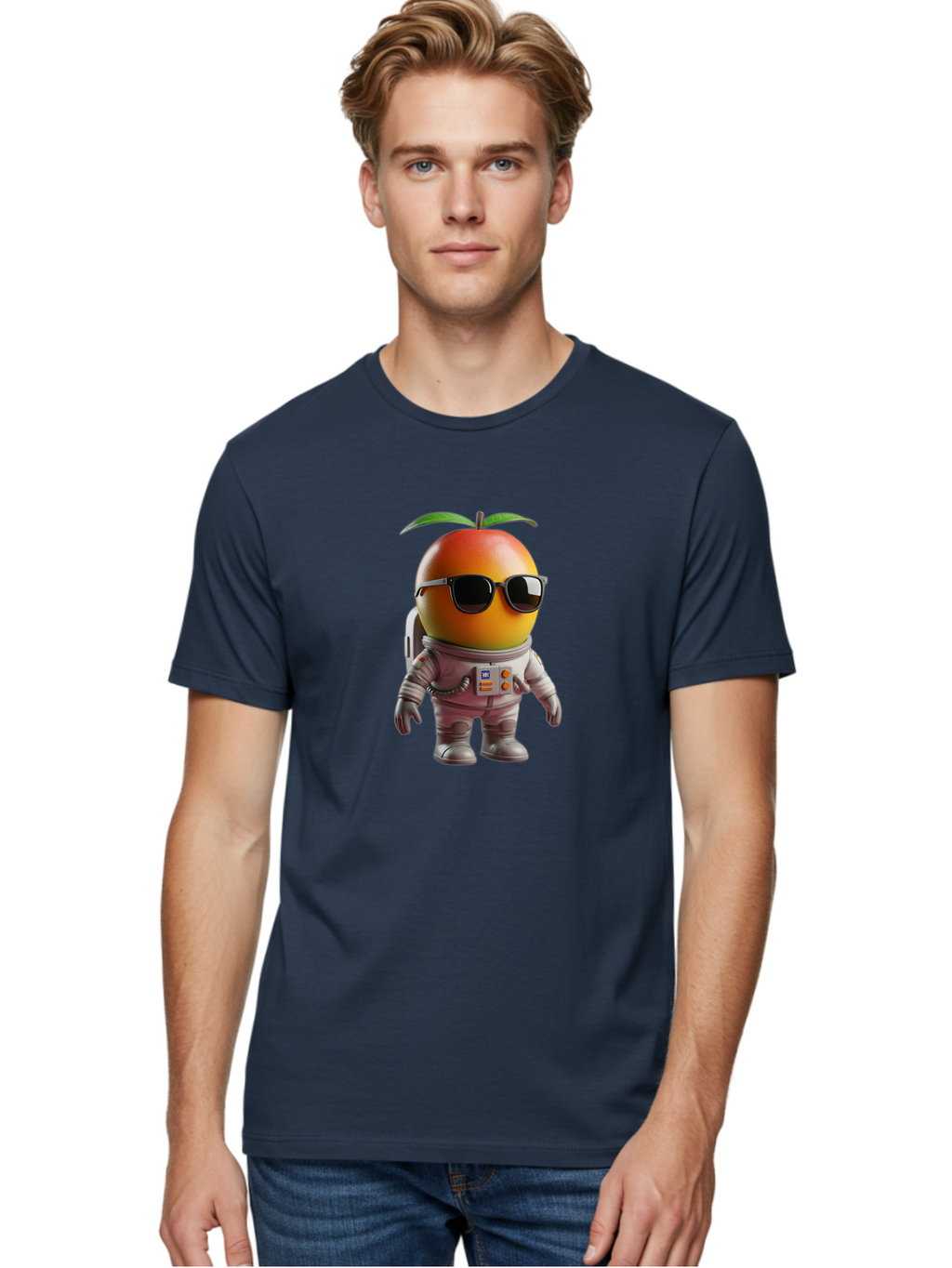 Astronaut-Peach Men'S Graphic Tee, 100% Cotton, Comfortable Casual Summer Wear, Machine Washable, Mango Astronaut, Space Suit, Trendy Shades, Cartoon Character, Orange Fruit, Astronaut Costume, Futuristic Design, Cool Glasses, Space Adventure, Bab653