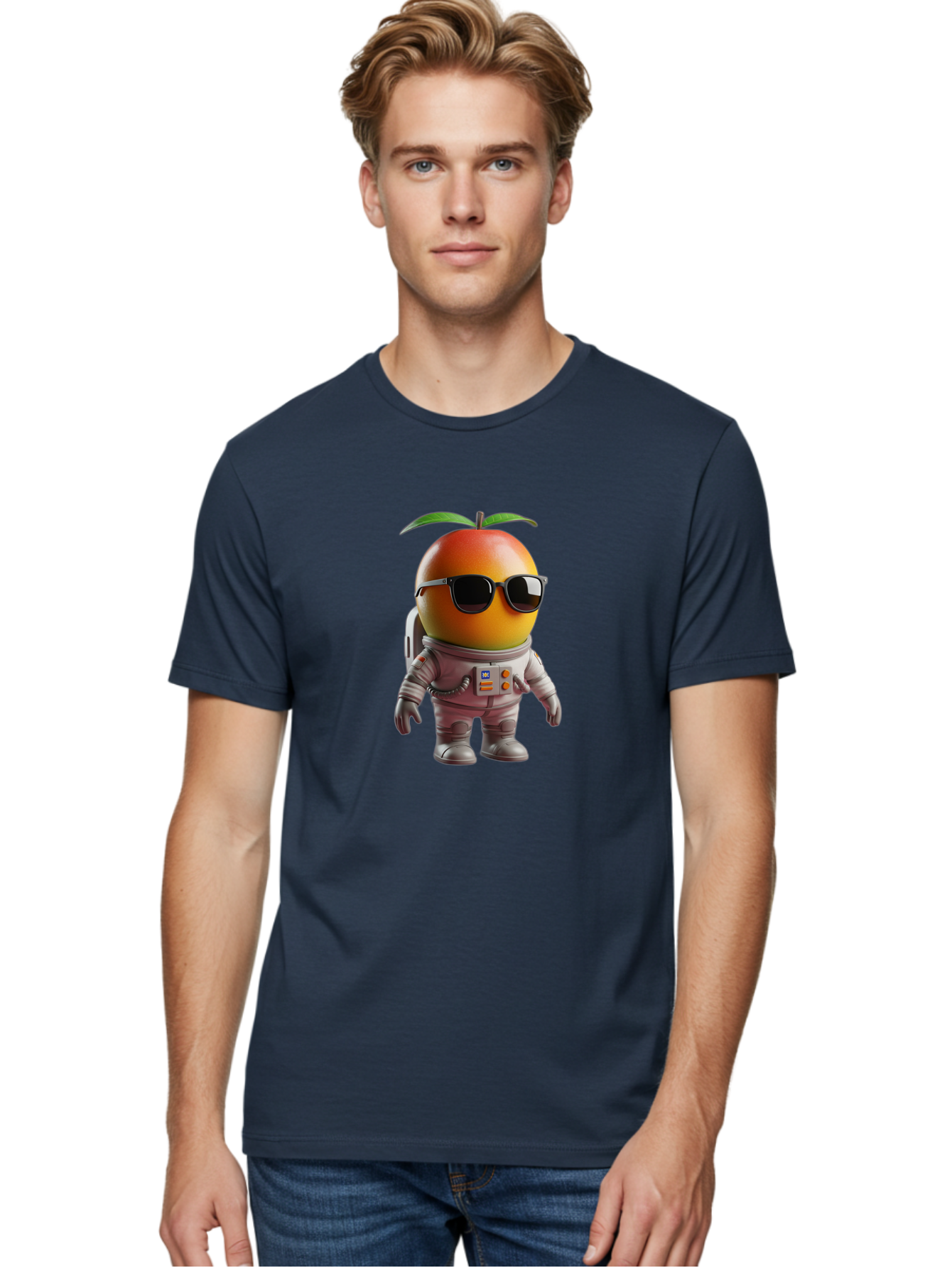 Astronaut-Peach Men'S Graphic Tee, 100% Cotton, Comfortable Casual Summer Wear, Machine Washable, Mango Astronaut, Space Suit, Trendy Shades, Cartoon Character, Orange Fruit, Astronaut Costume, Futuristic Design, Cool Glasses, Space Adventure, Bab653