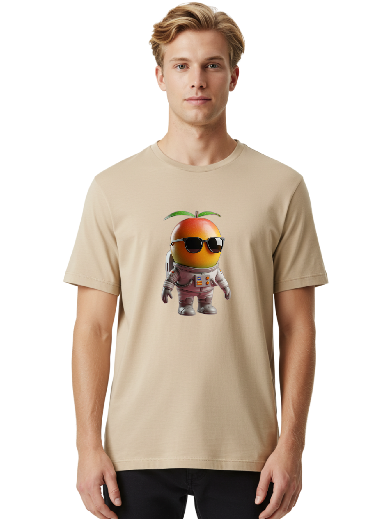 Astronaut-Peach Men'S Graphic Tee, 100% Cotton, Comfortable Casual Summer Wear, Machine Washable, Mango Astronaut, Space Suit, Trendy Shades, Cartoon Character, Orange Fruit, Astronaut Costume, Futuristic Design, Cool Glasses, Space Adventure, Bab653